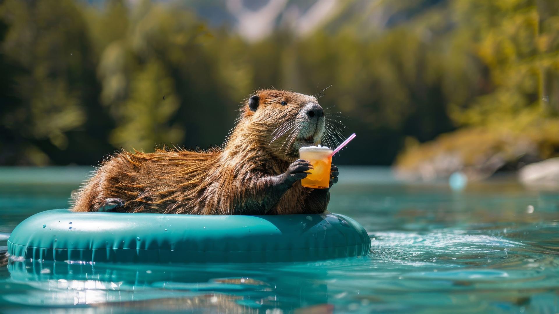 Beaver swims on an inflatable mattress, holding a cocktail, in turquoise water.