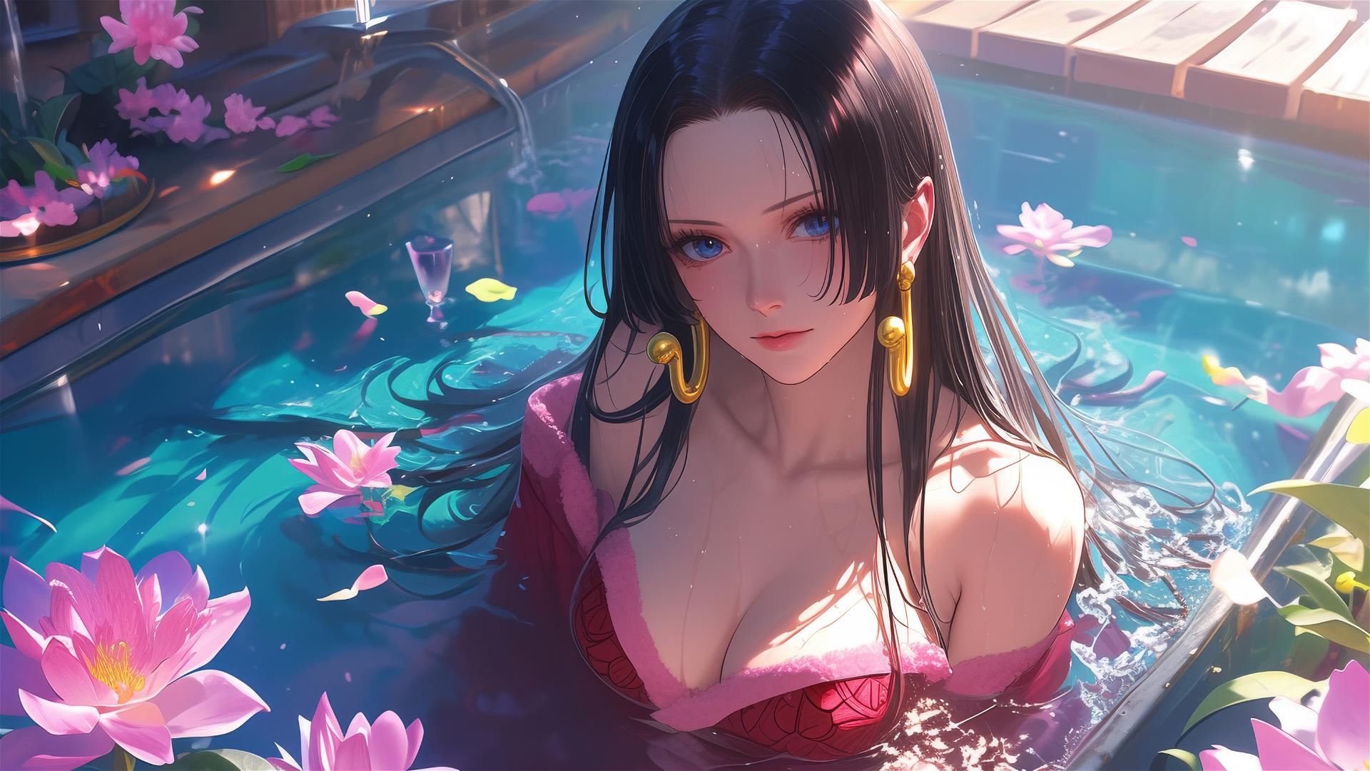 Boa Hancock in a tub of flowers at a Chinese spa