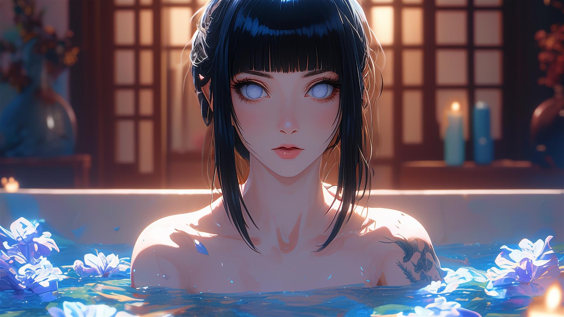Hinata Hyuga in tub with flowers in a Chinese spa