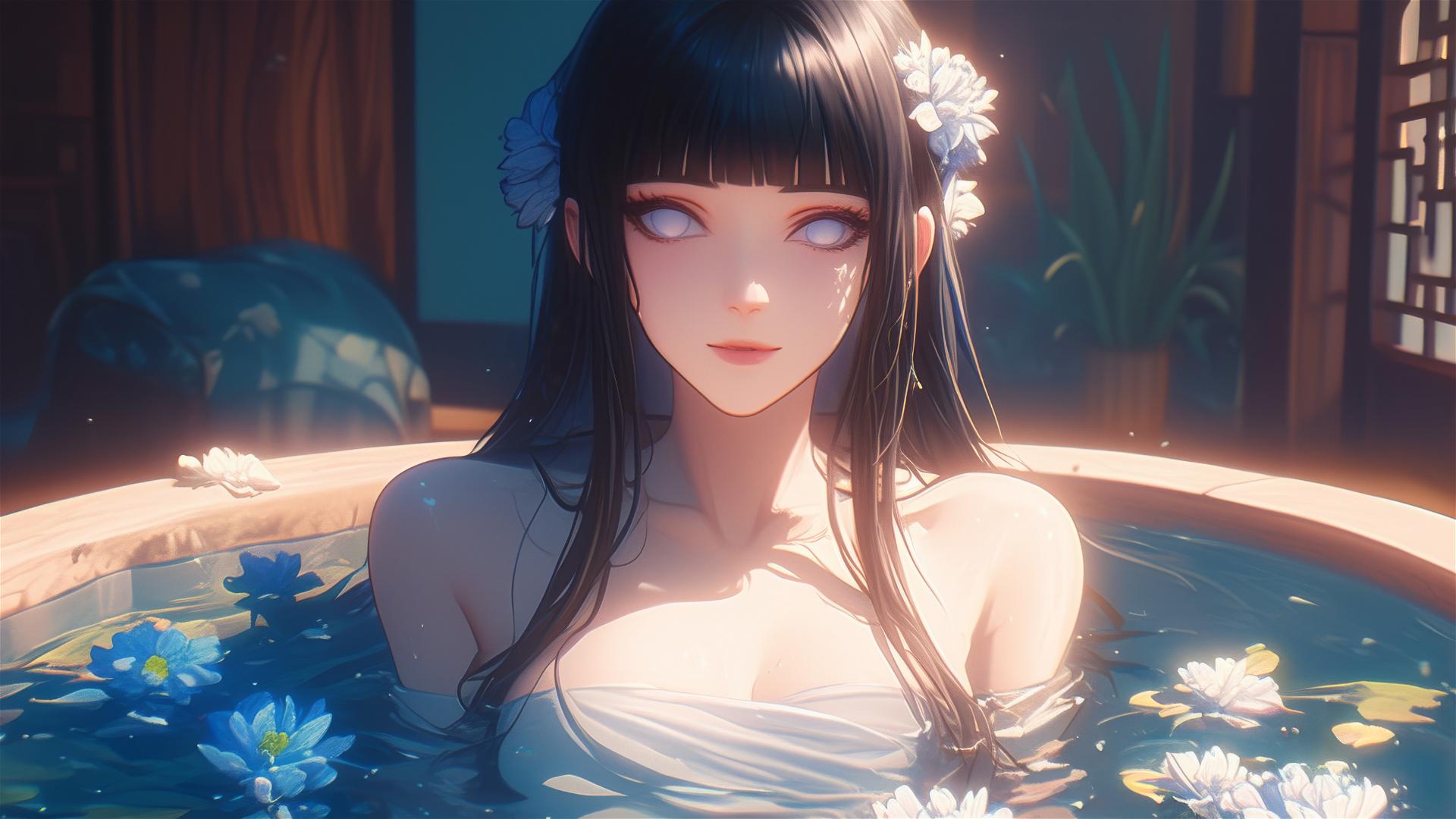 Hinata Hyuga in a tub full of flowers at a Chinese spa, with white eyes.