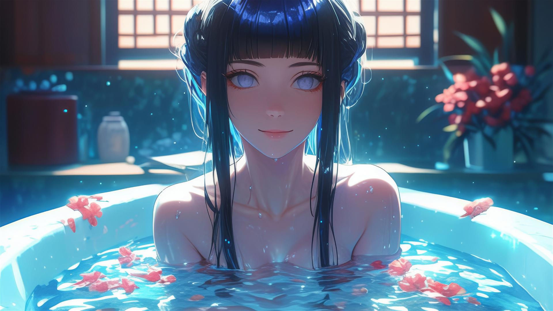 Hinata Hyuga from Naruto in a flower-filled tub at a Chinese spa