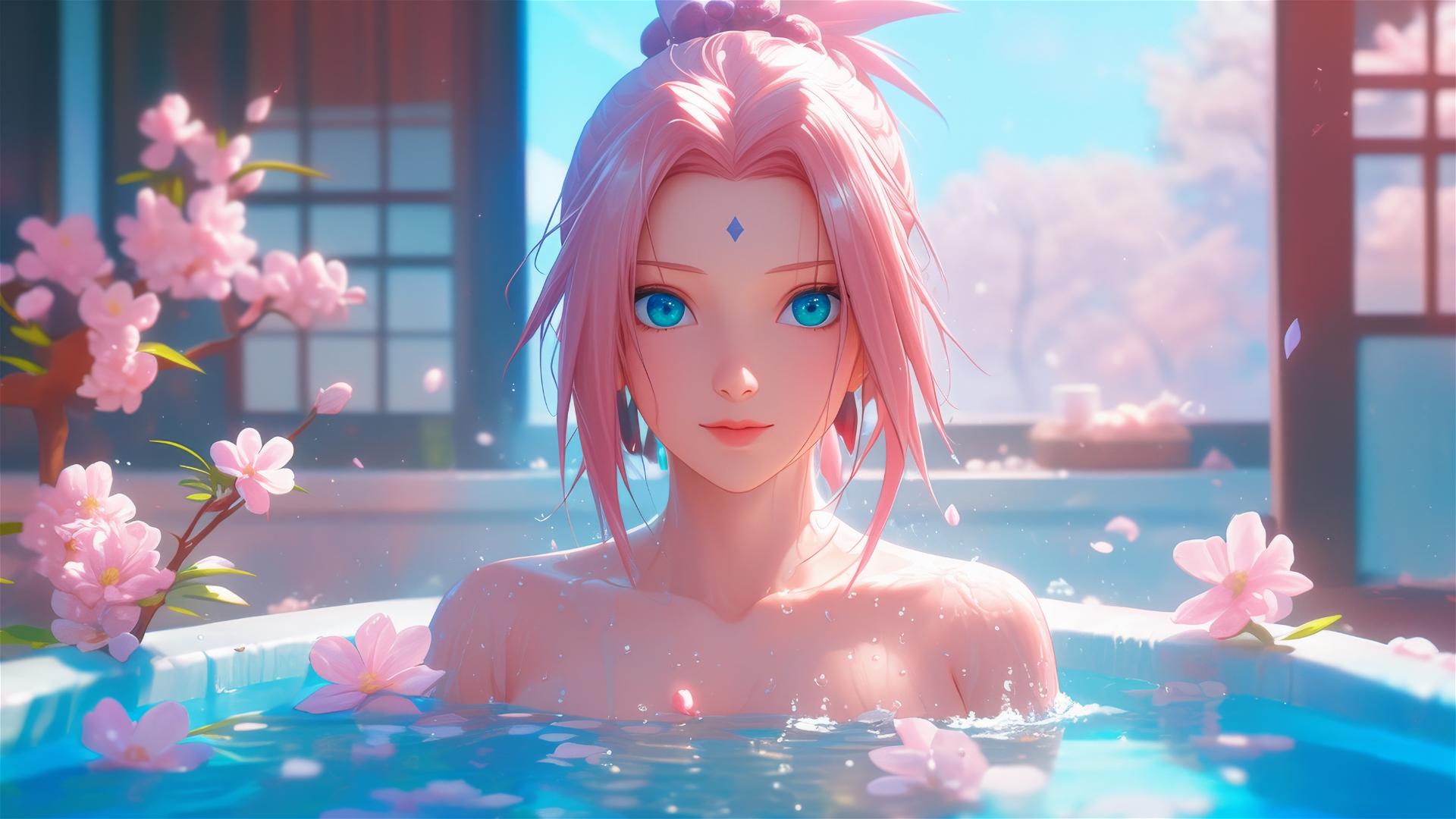Sakura Haruno from Naruto in a flower-filled tub in a Chinese spa