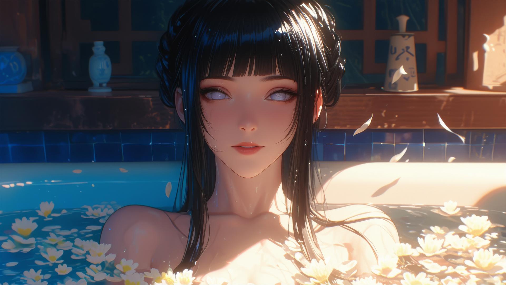 Hinata Hyuga from Naruto in a tub full of flowers in a Chinese spa