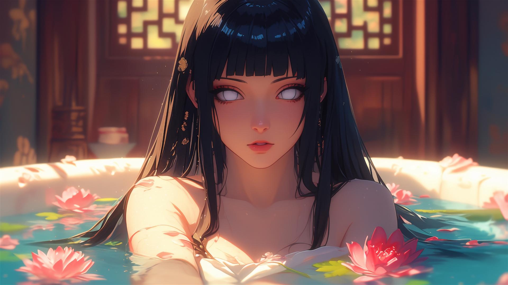 Hinata Hyuga from Naruto in a flower-filled tub in a Chinese spa, with white eyes