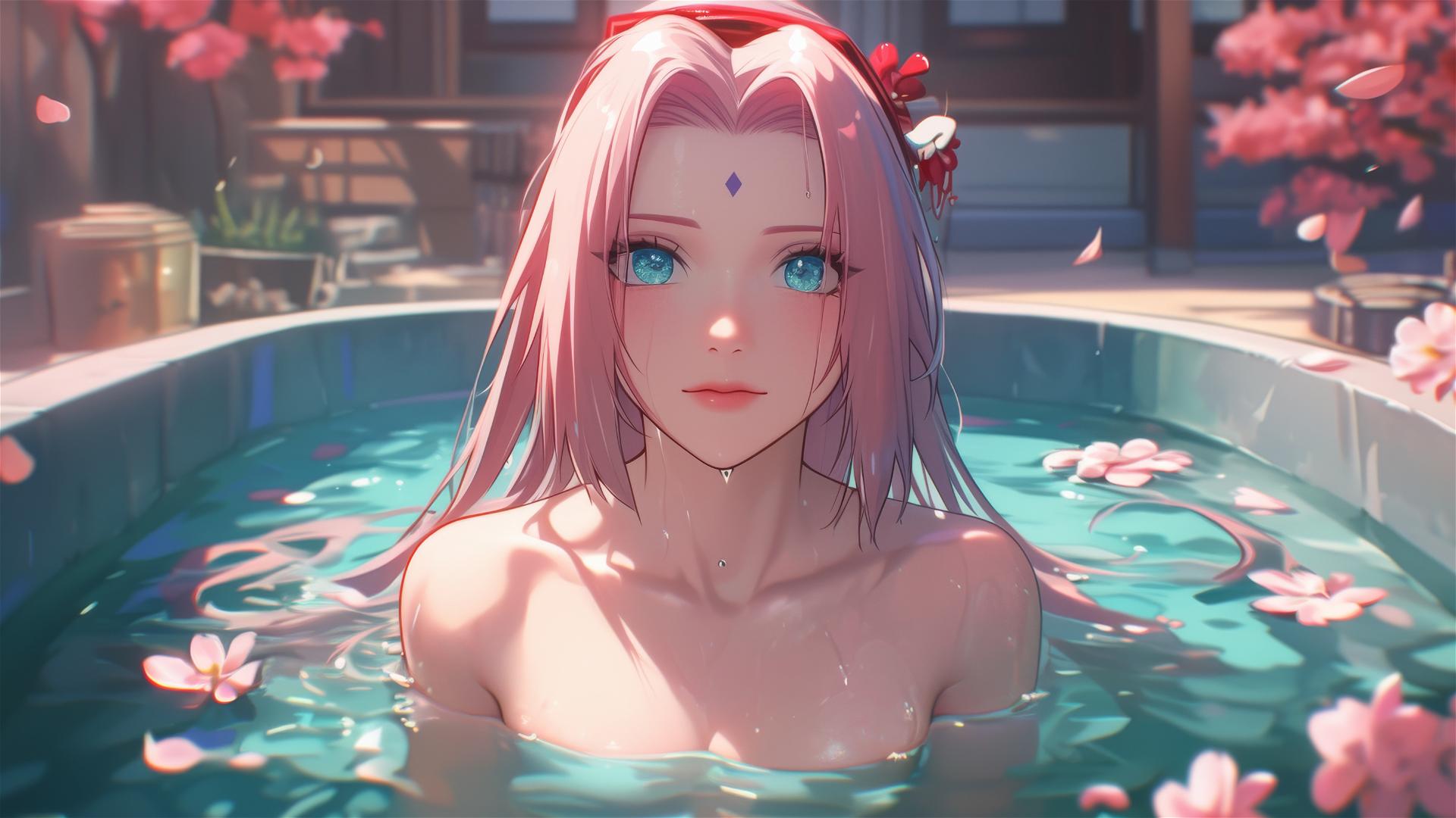 Sakura Haruno in tub full of flowers inside Chinese spa