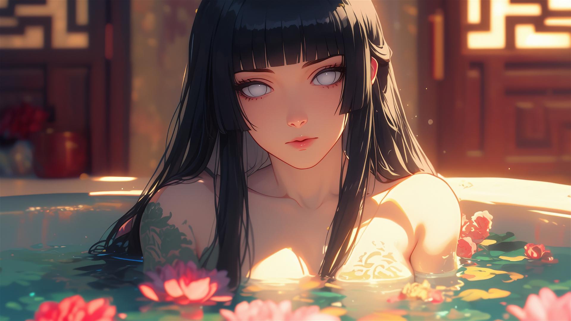Hinata Hyuga from Naruto in a flower-filled tub, inside a Chinese spa with white eyes.
