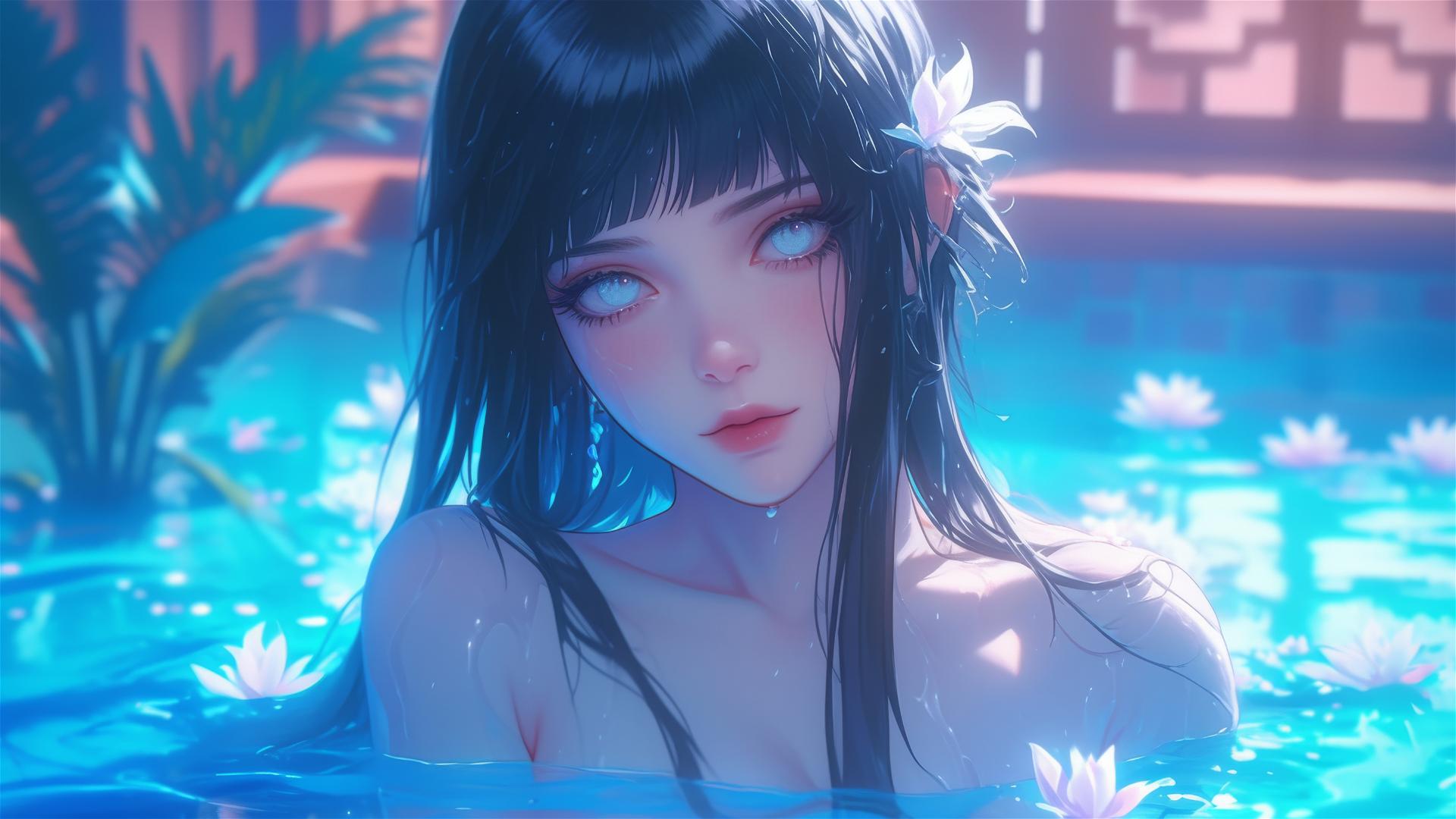 Hinata Hyuga in a tub of flowers inside a Chinese spa