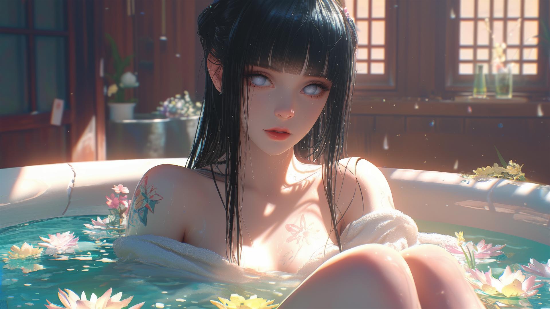 Hinata Hyuga from Naruto in a flower-filled tub at a Chinese spa