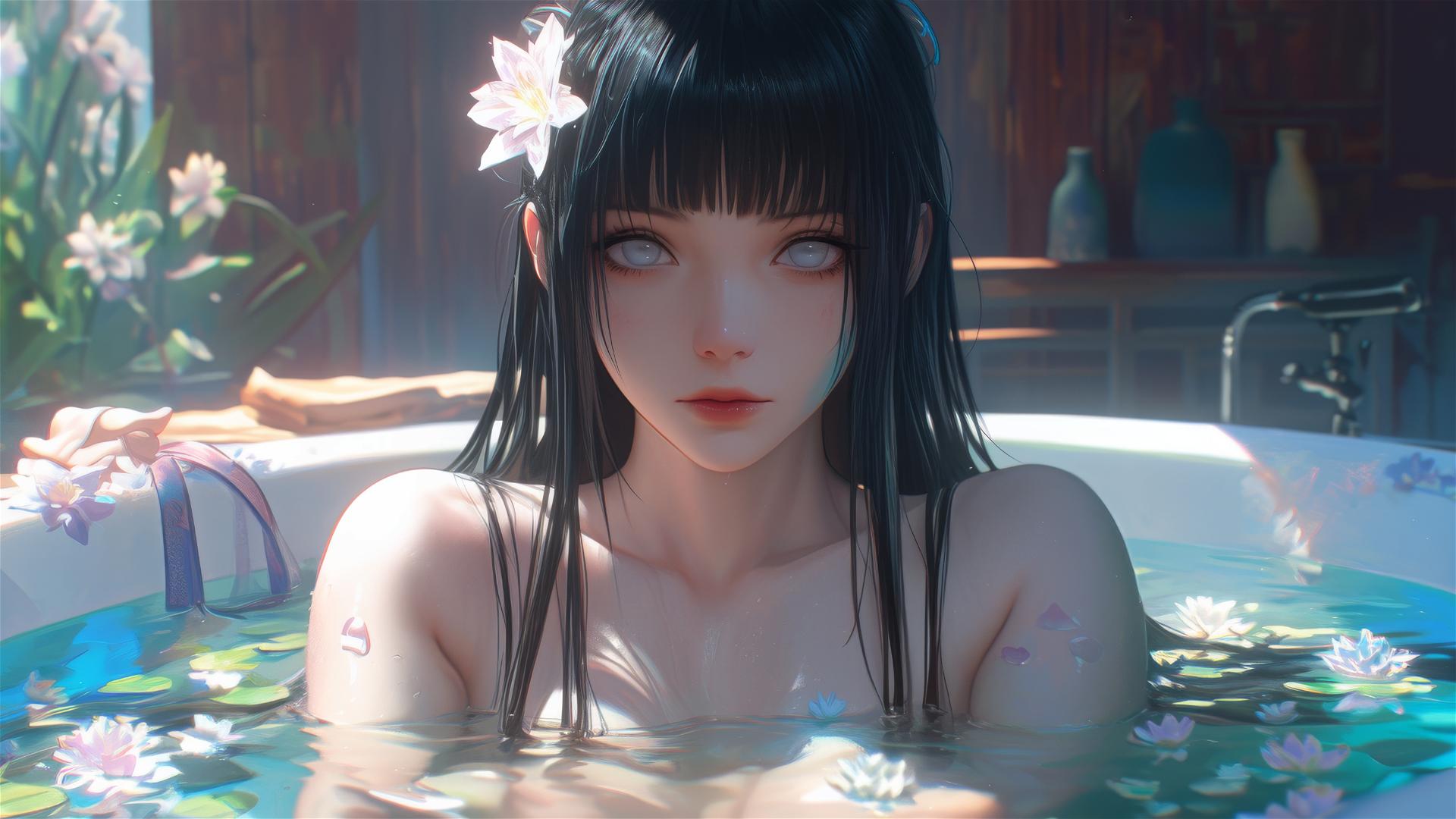 Hinata Hyuga in a flower-filled tub at a Chinese spa with white eyes