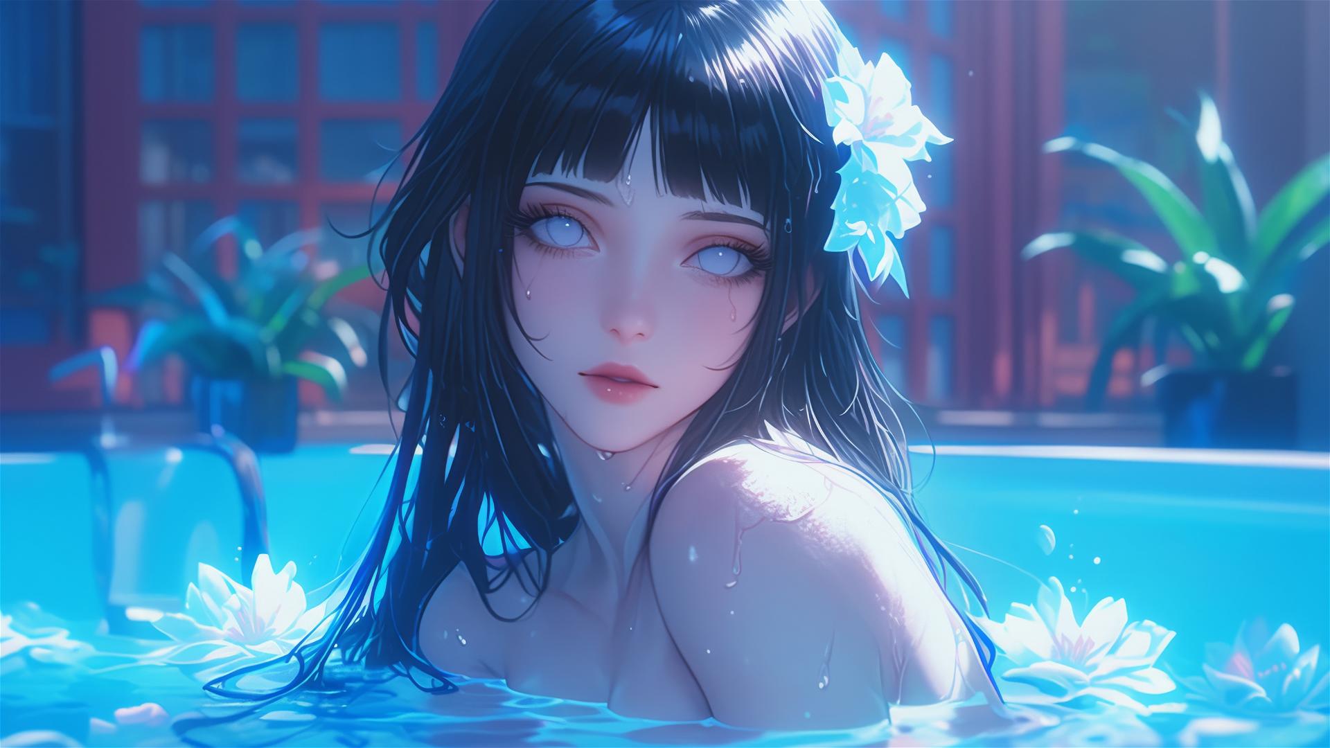 Hinata Hyuga from Naruto in a tub full of flowers at a Chinese spa.