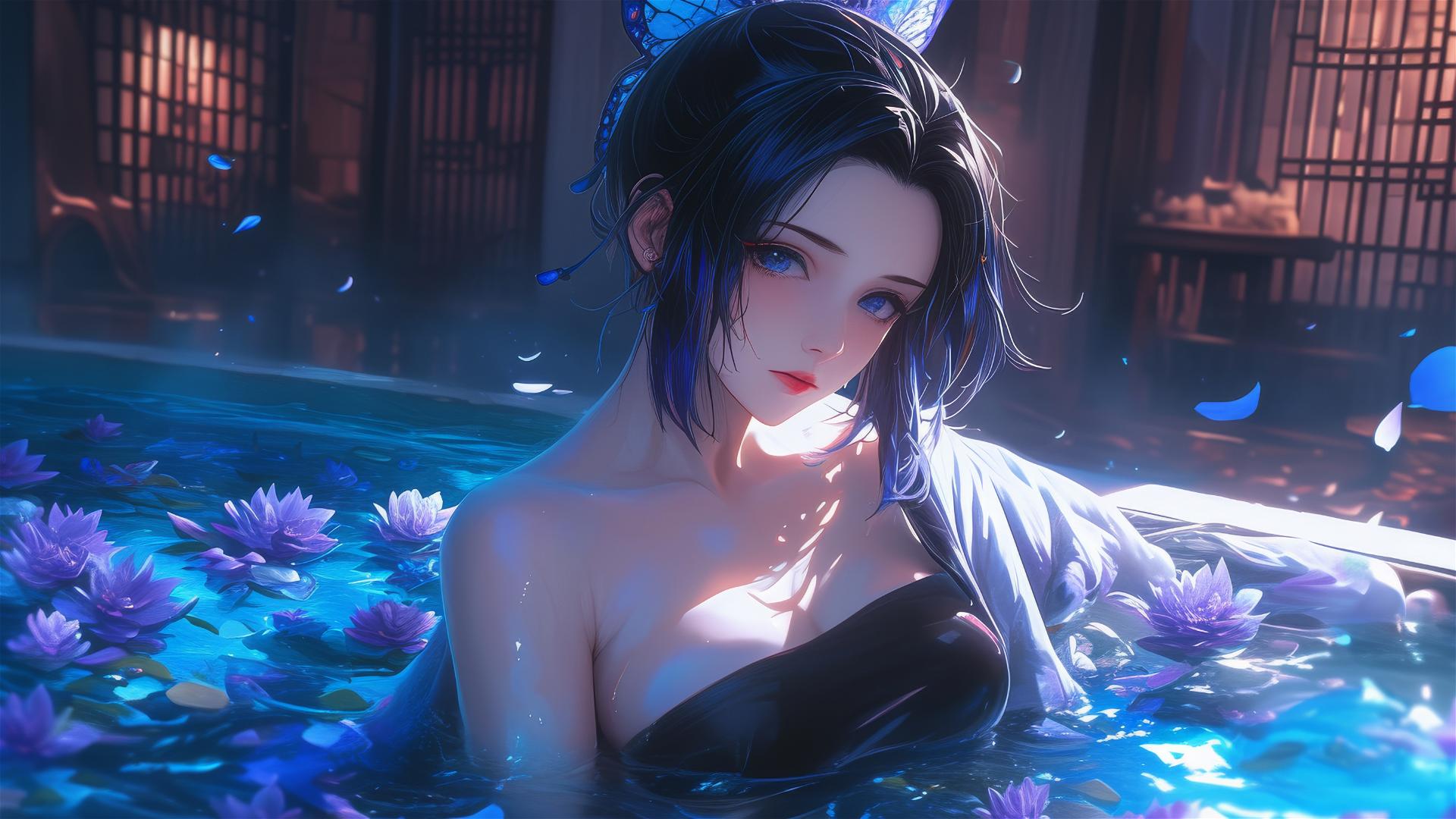 Shinobu Kocho in a tub filled with flowers at a Chinese spa