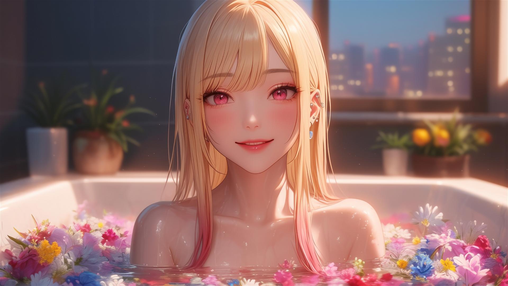 Marin Kitagawa in a tub full of flowers at a Chinese spa