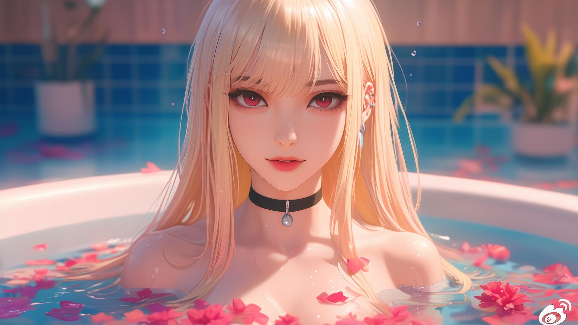Marin Kitagawa in a flower-filled tub, Chinese spa, with silky blonde hair tipped with pinkish-red, and pinkish eyes.