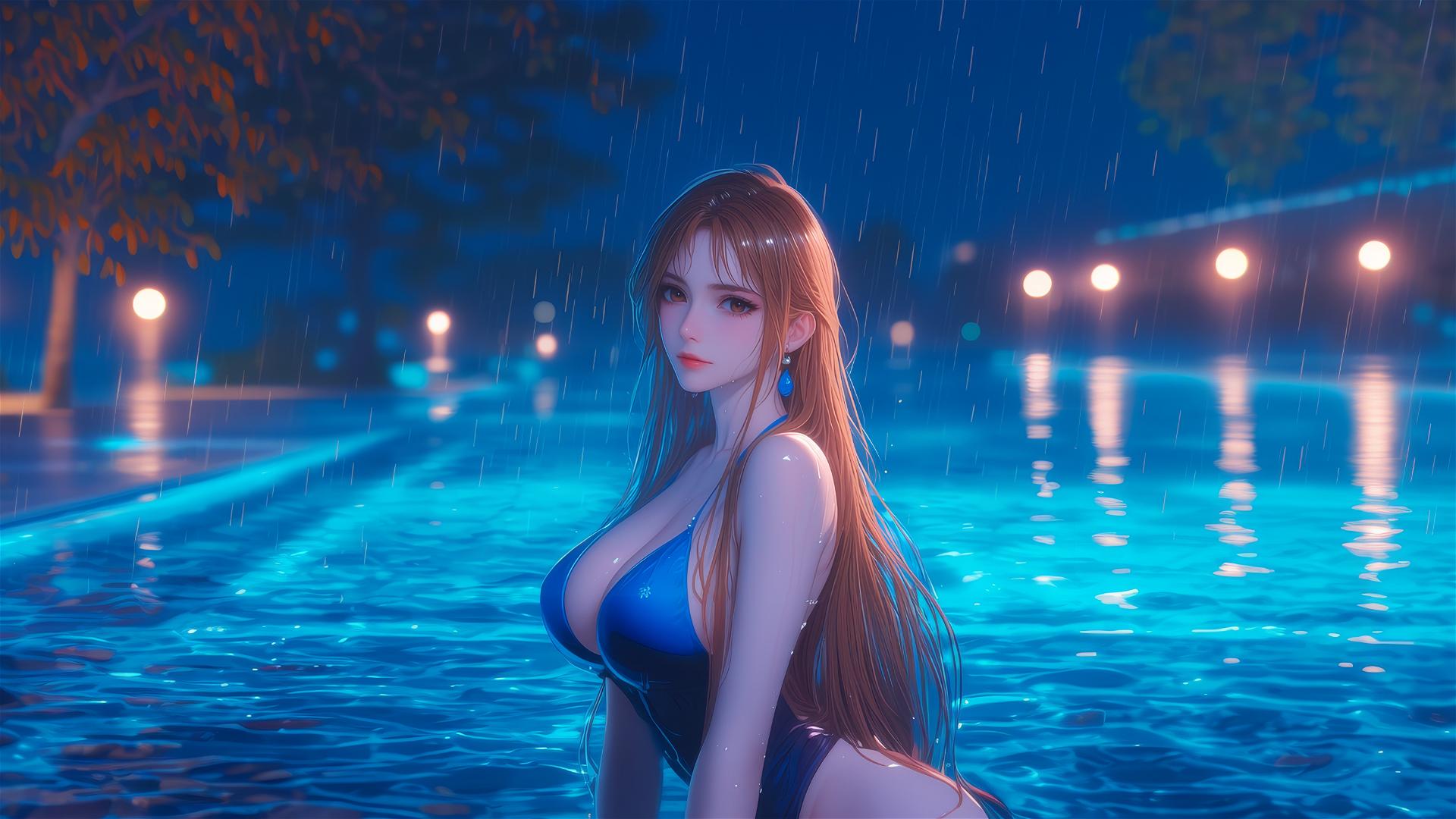 Nami from One Piece relaxing by a swimming pool at night, illuminated by moonlight, with a rainy backdrop.