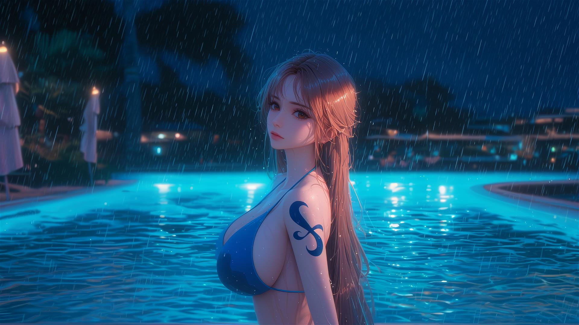 Nami from One Piece relaxing by a pool under moonlight
