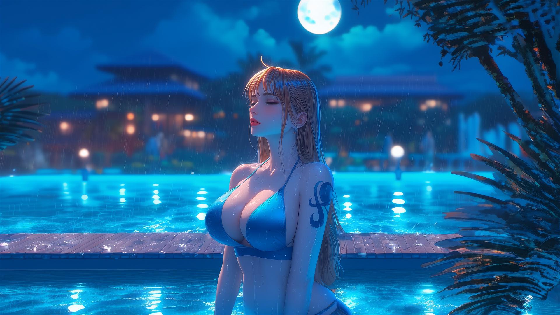 Nami from One Piece rests by a swimming pool under moonlight, on a rainy night.