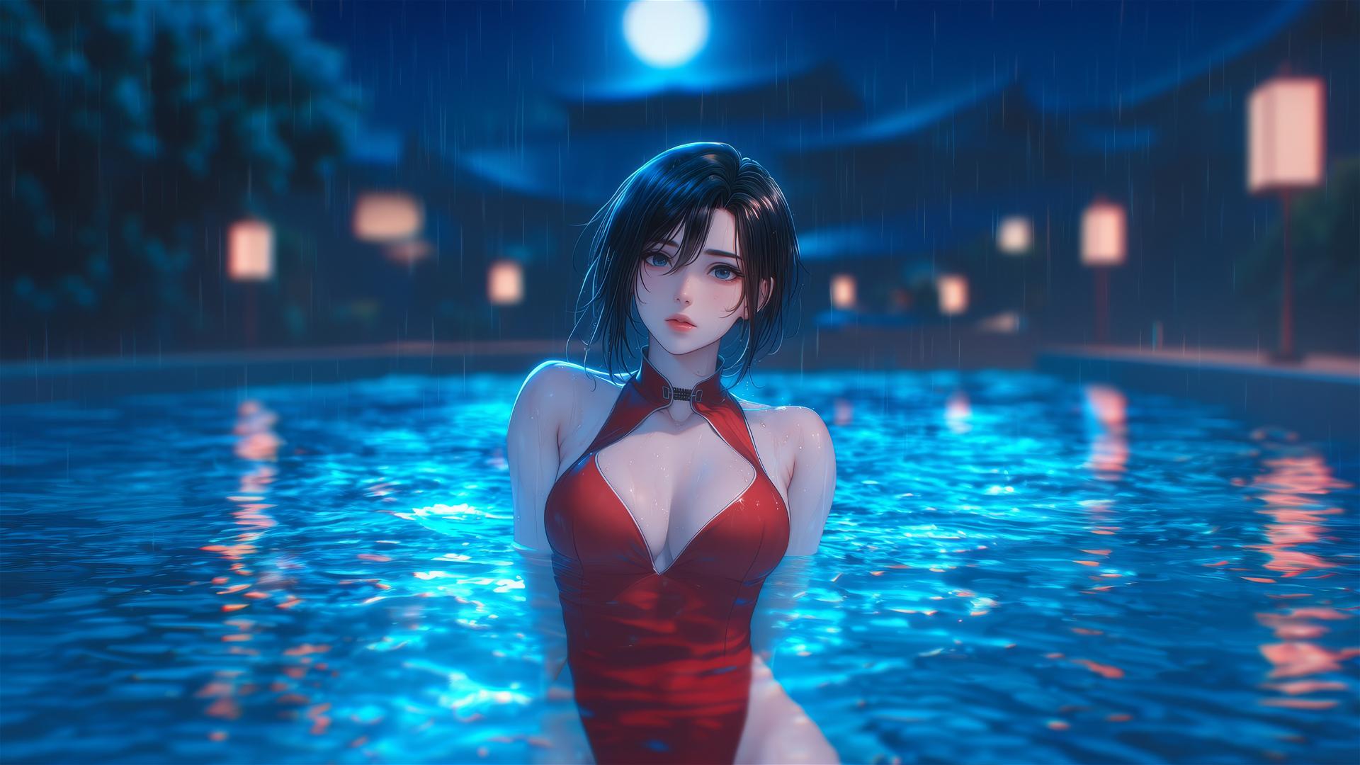 Mikasa Ackerman standing in a rainy swimming pool under moonlight, wearing a red dress.