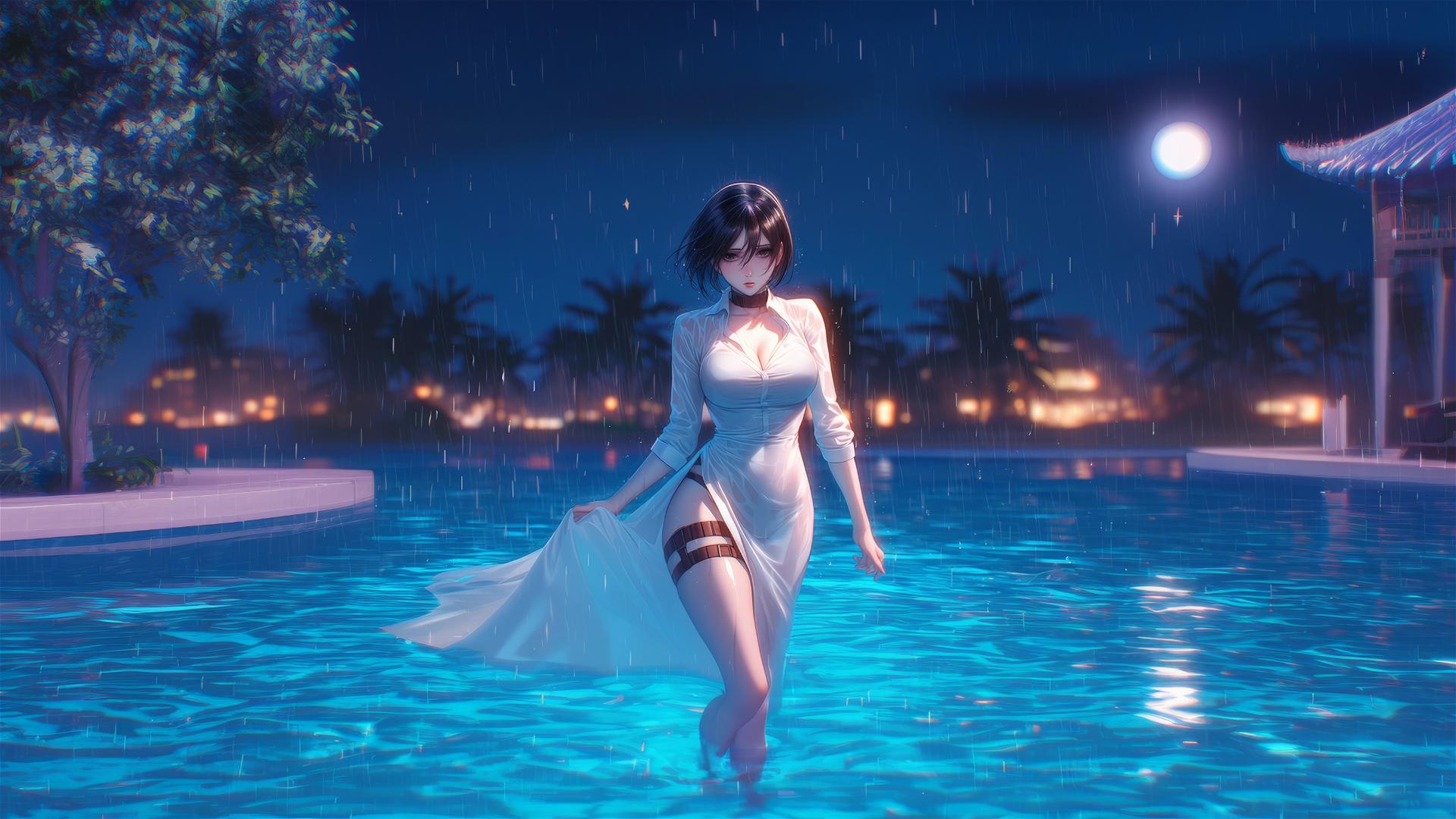 Mikasa Ackerman in a rainy swimming pool under moonlight wearing a white dress