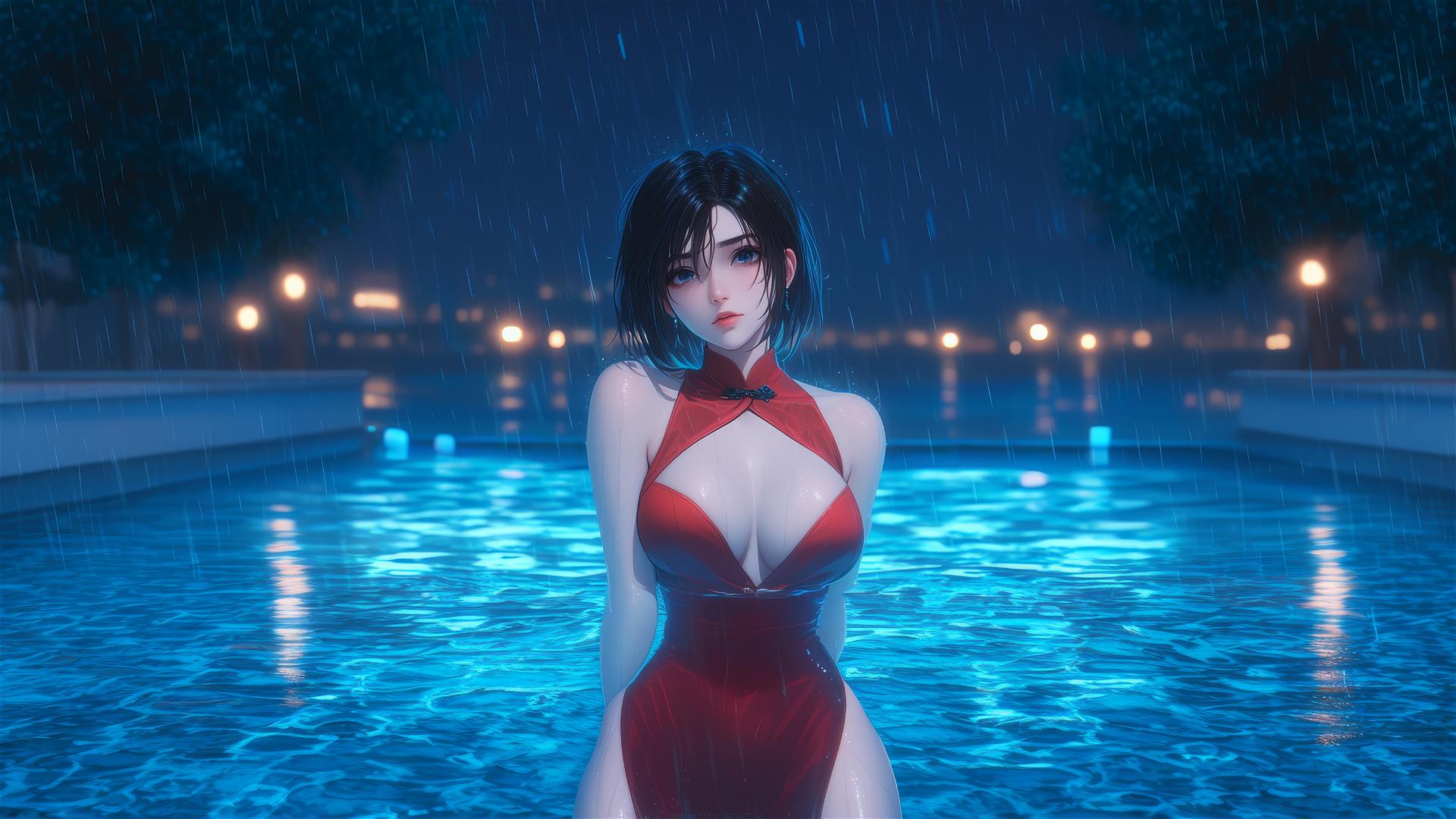 Mikasa Ackerman standing in a rainy swimming pool with moonlight glow