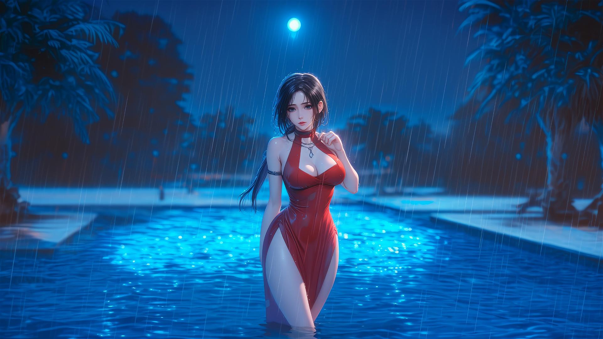 Mikasa Ackerman standing in a rainy swimming pool, illuminated by moonlight, wearing a red dress.