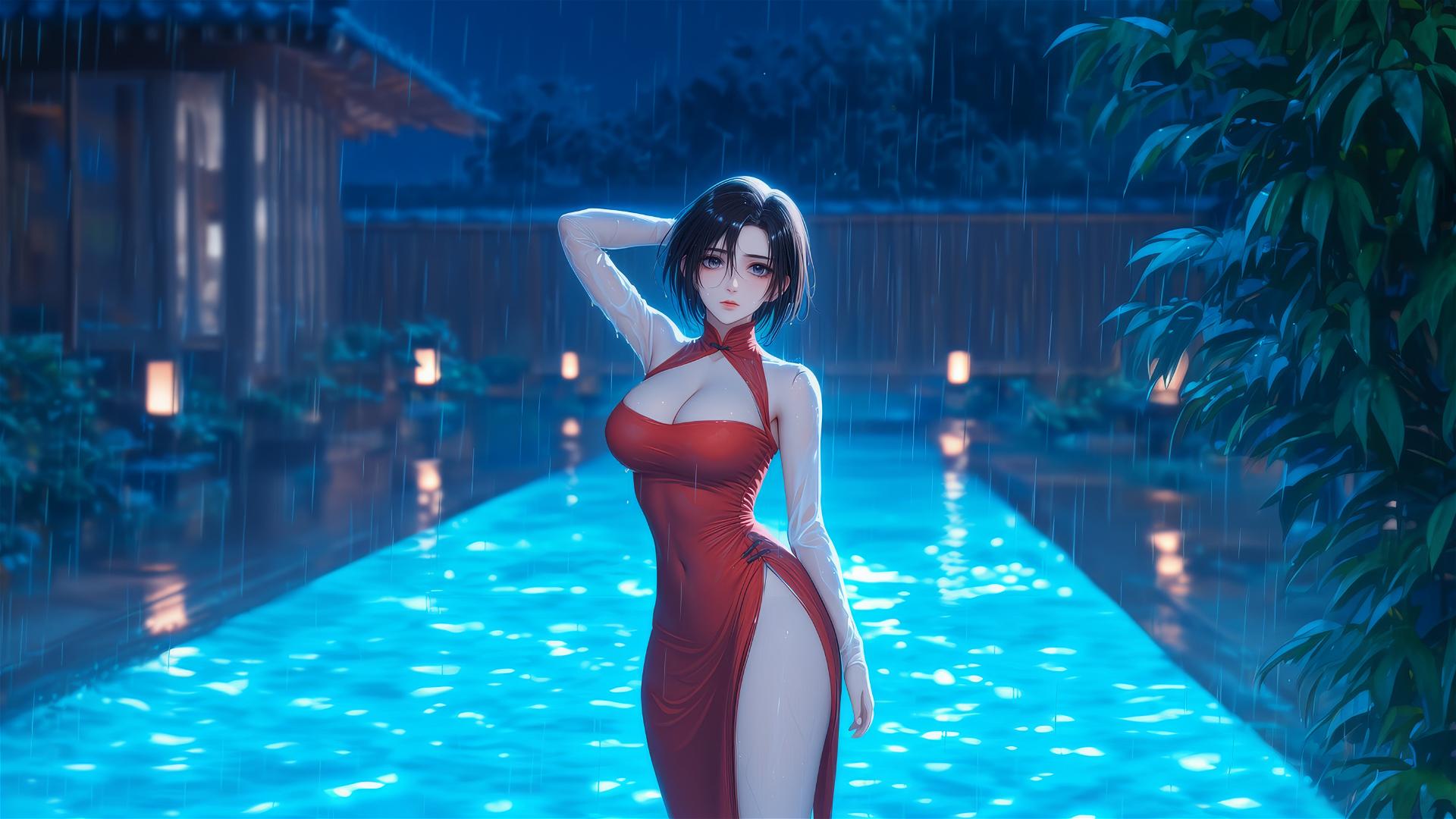 Mikasa Ackerman in red dress standing in rainy swimming pool under moonlight