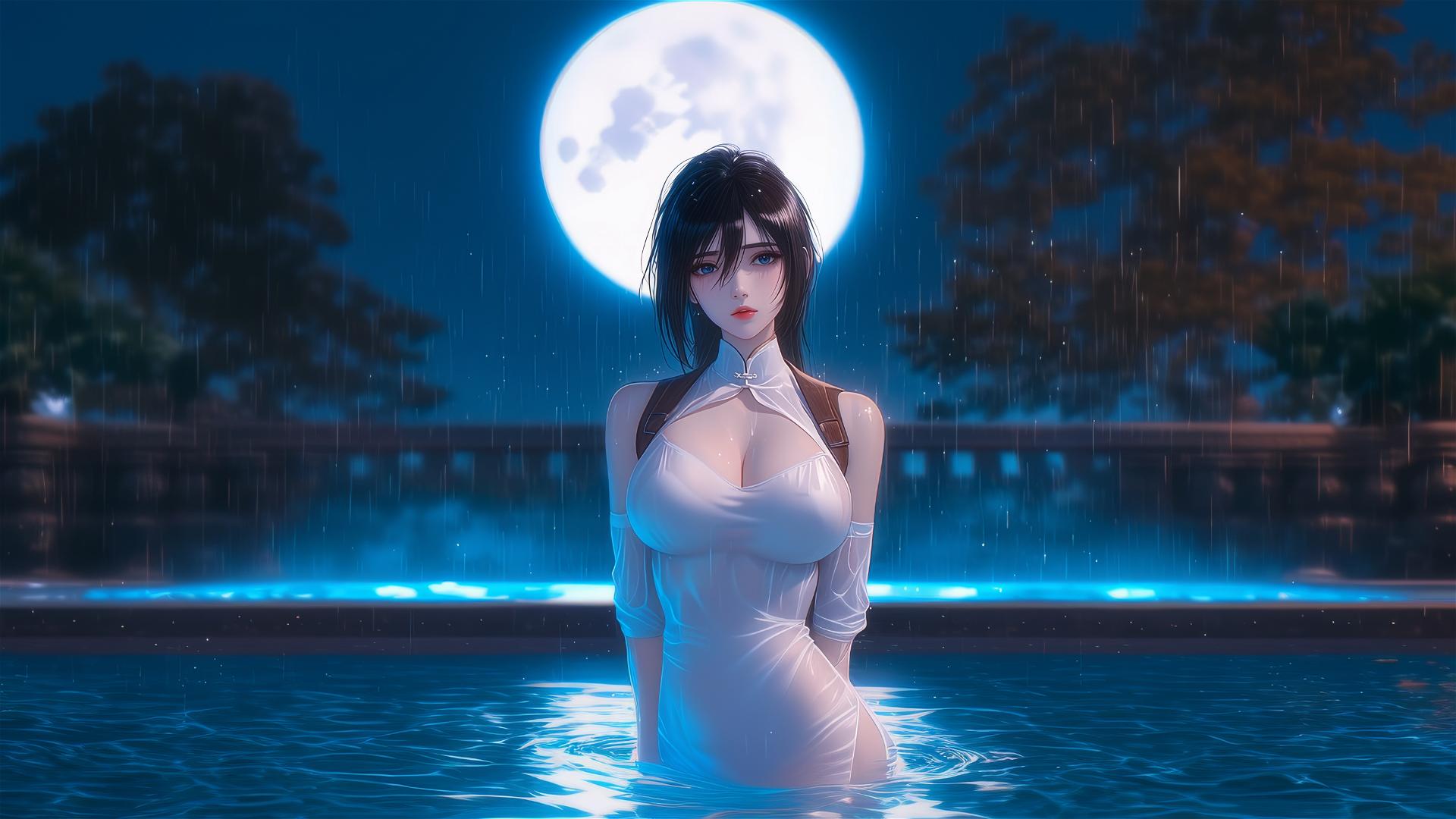 Mikasa Ackerman stands in a rainy pool, moonlight glowing on her in a white dress