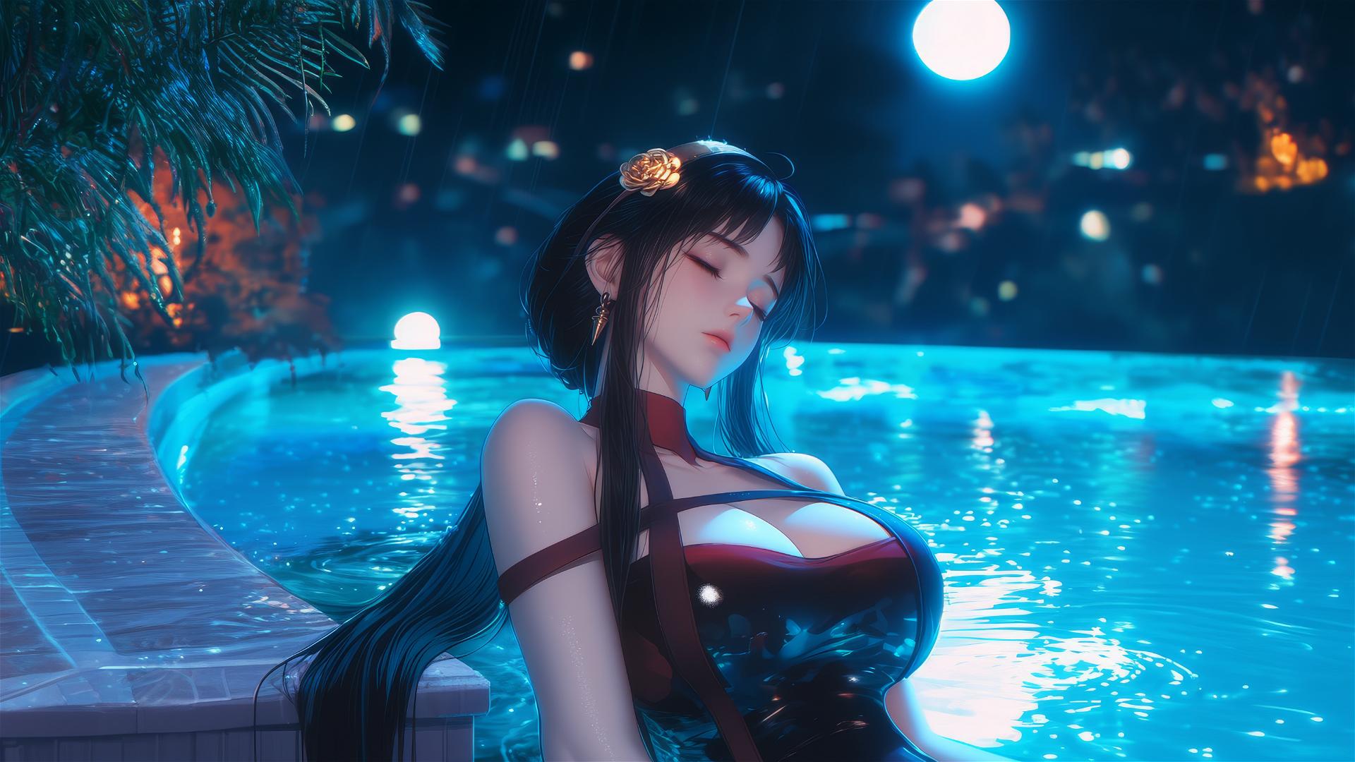 Yor Forger relaxing by the rainy pool under moonlight.
