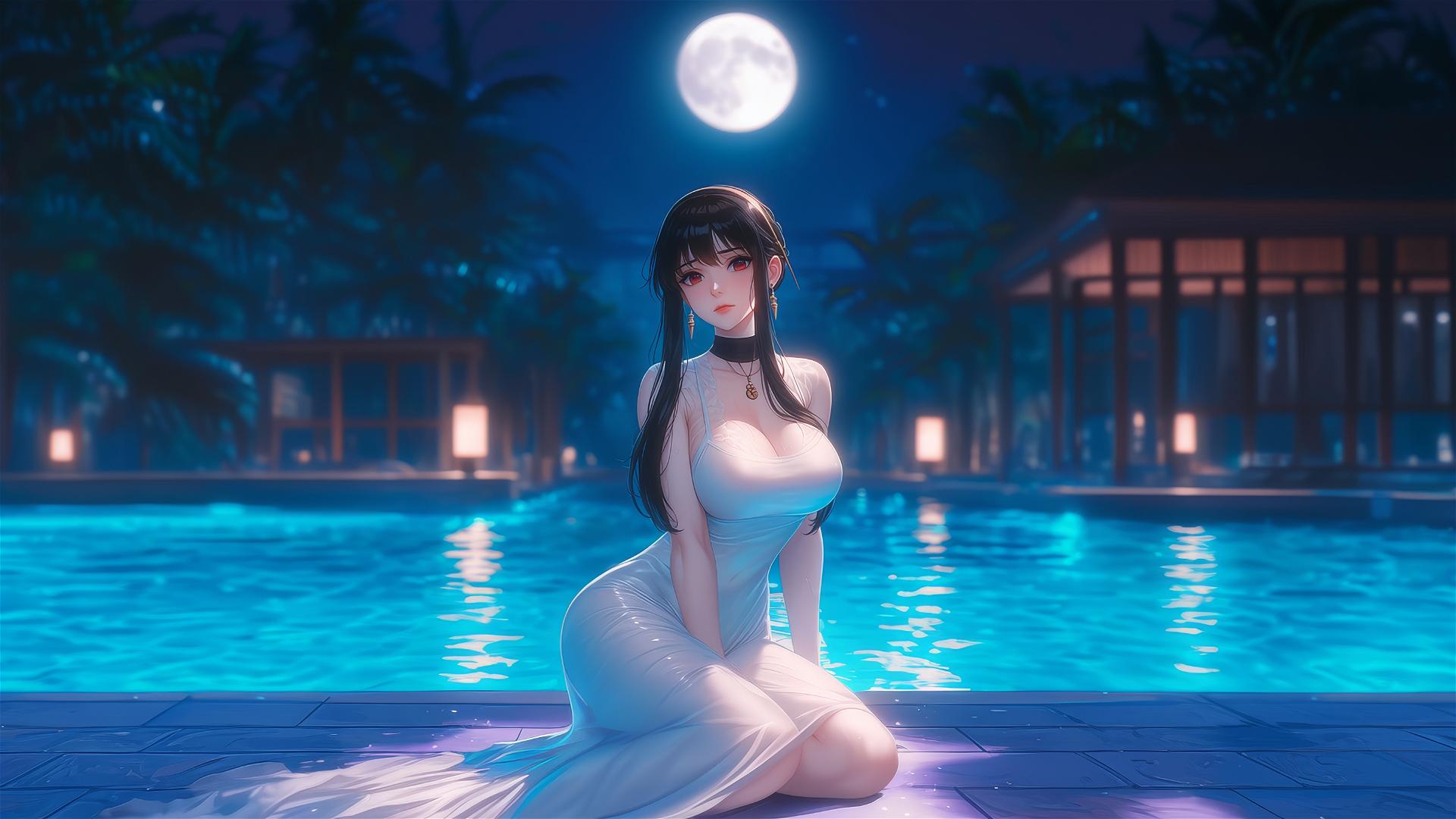 Yor Forger by the pool under moonlight
