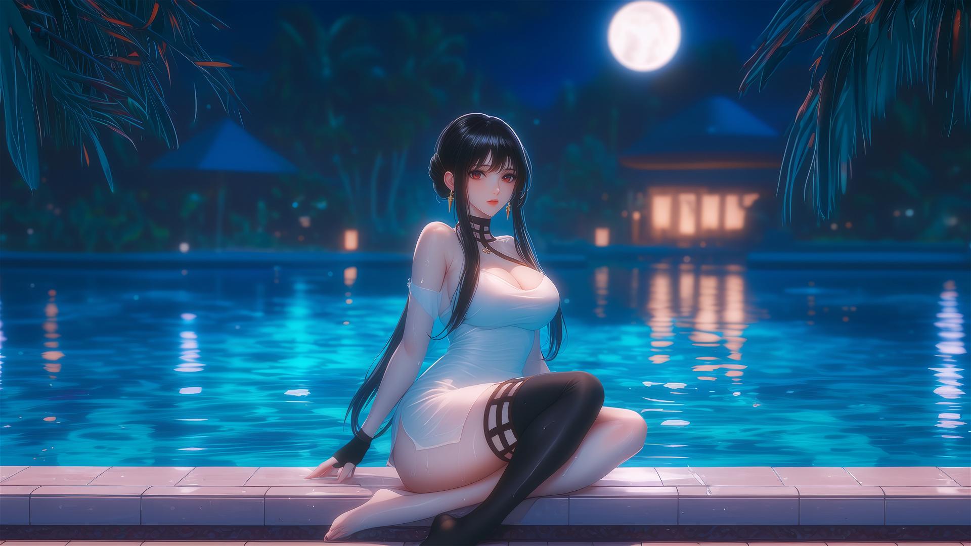 Yor Forger resting by the swimming pool under moonlight