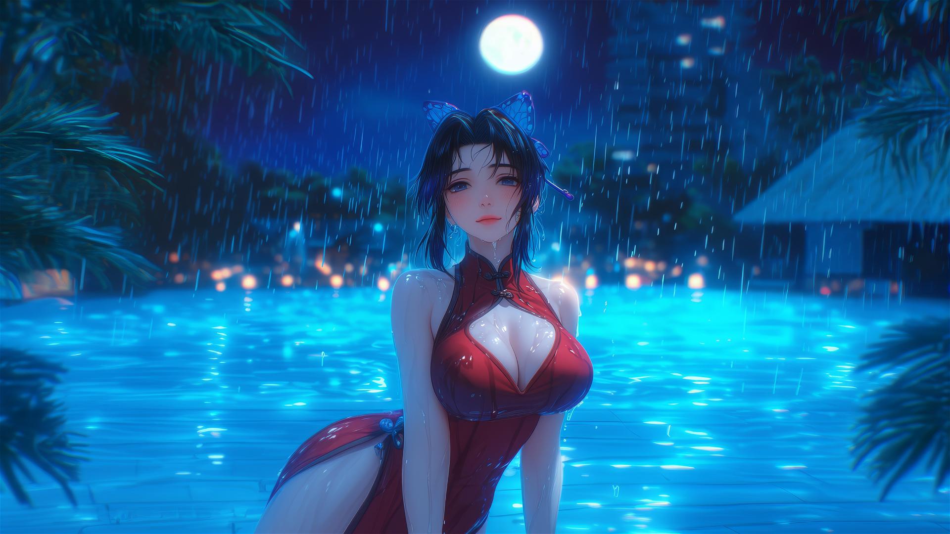 Shinobu Kocho relaxing by a lit swimming pool at night in a red dress with rain