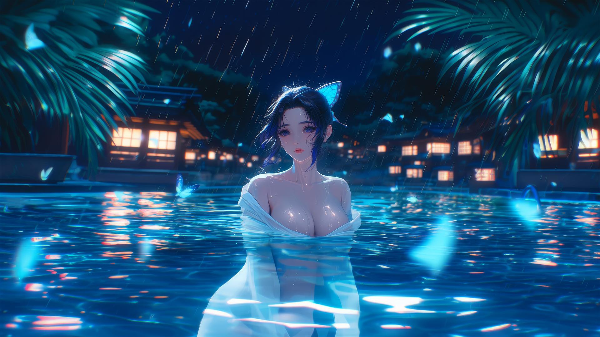 Shinobu Kocho standing in a rainy swimming pool with moonlight glow