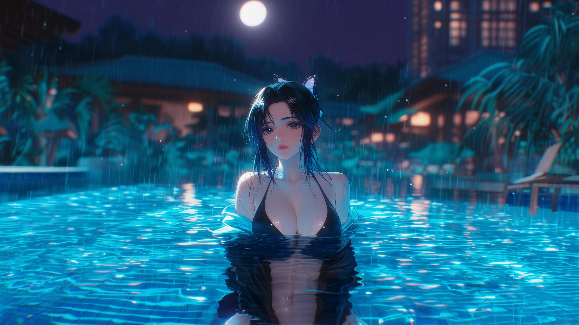 Shinobu Kocho standing in a rainy swimming pool under moonlight