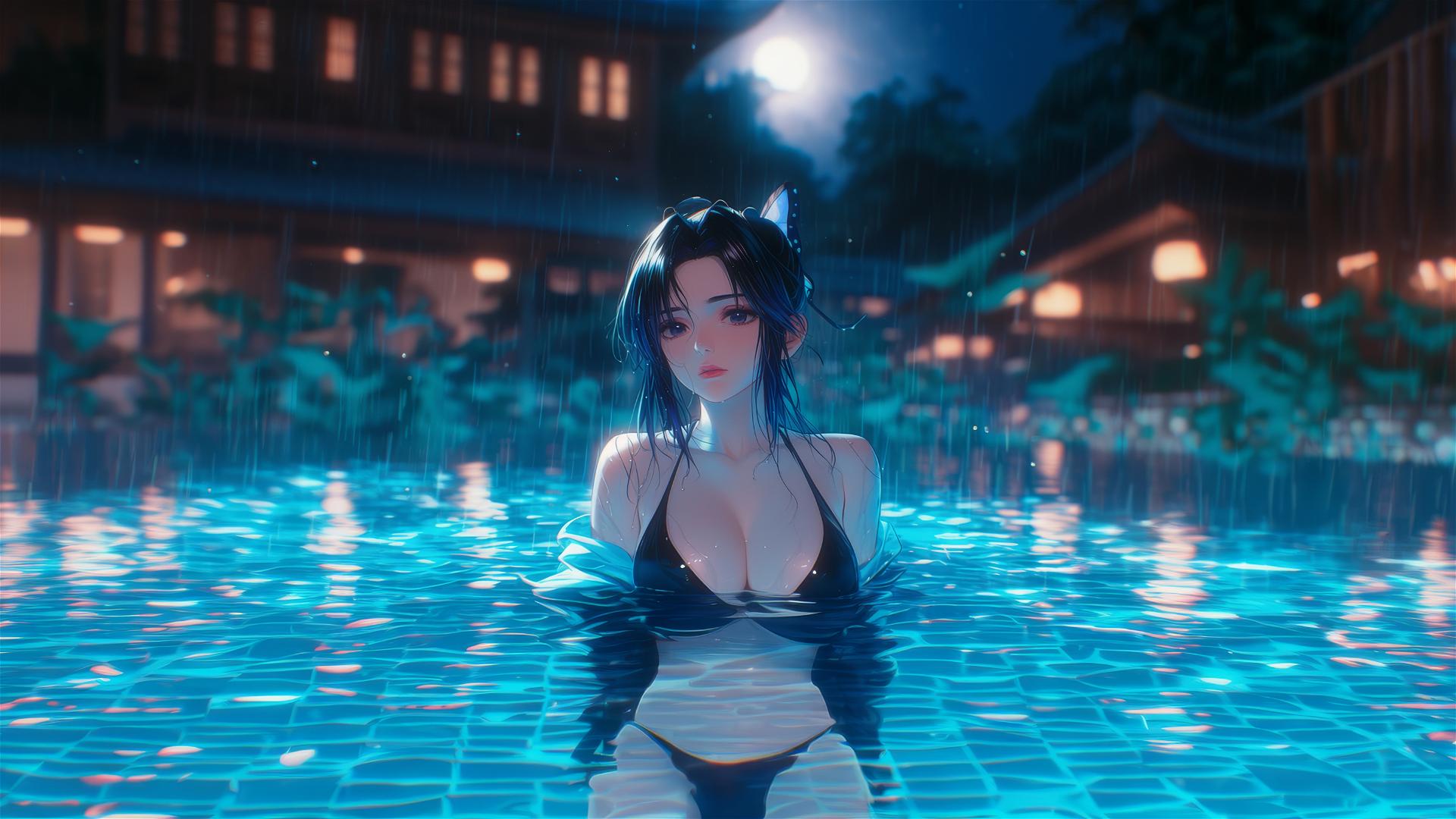 Shinobu Kocho from Demon Slayer standing in a rainy swimming pool at night
