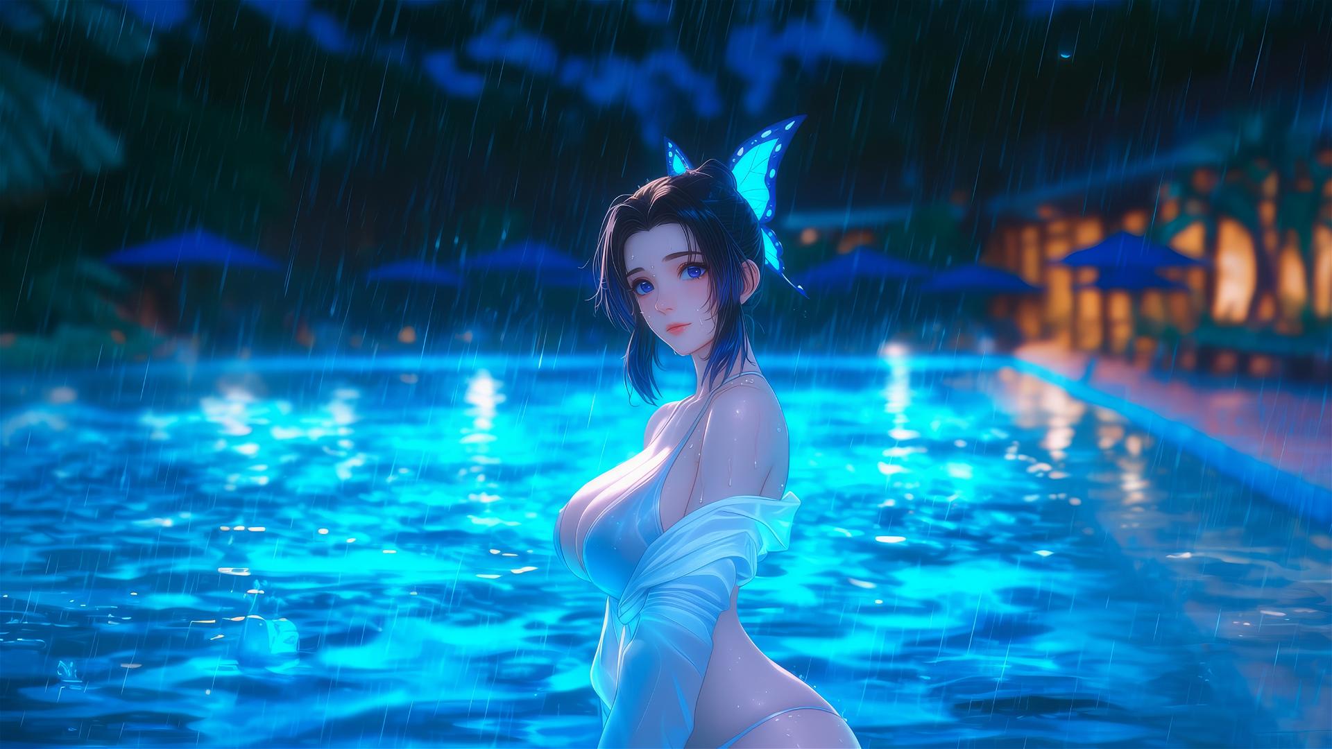 Shinobu Kocho from Demon Slayer standing in a rainy swimming pool under moonlight