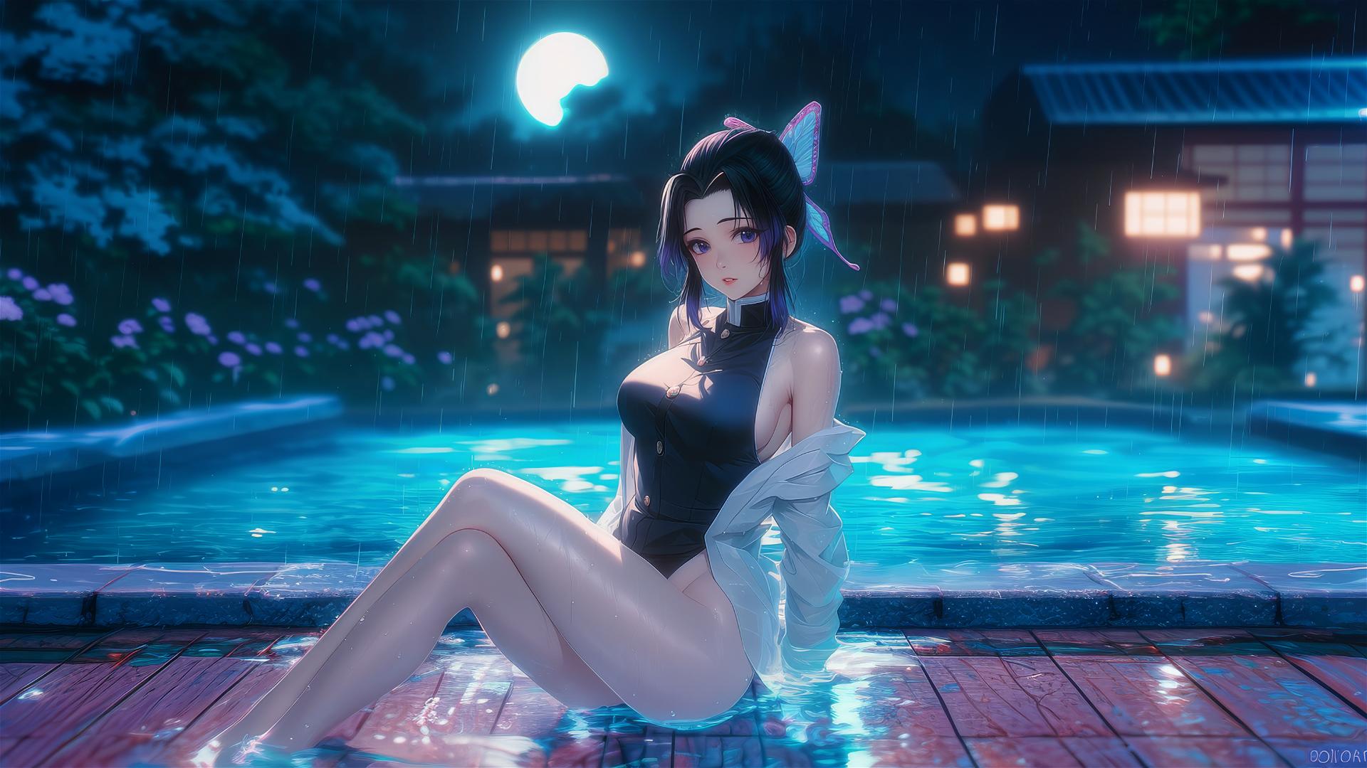 Shinobu Kocho resting by the rainy pool under moonlight