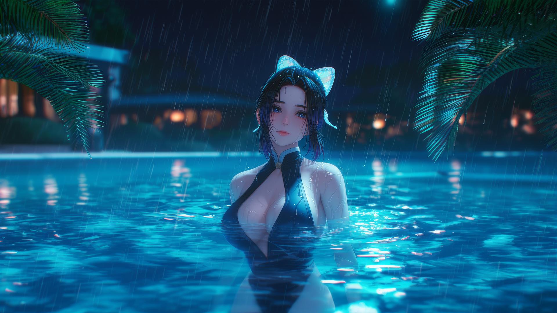 Shinobu Kocho from Demon Slayer standing in a rainy pool under moonlight