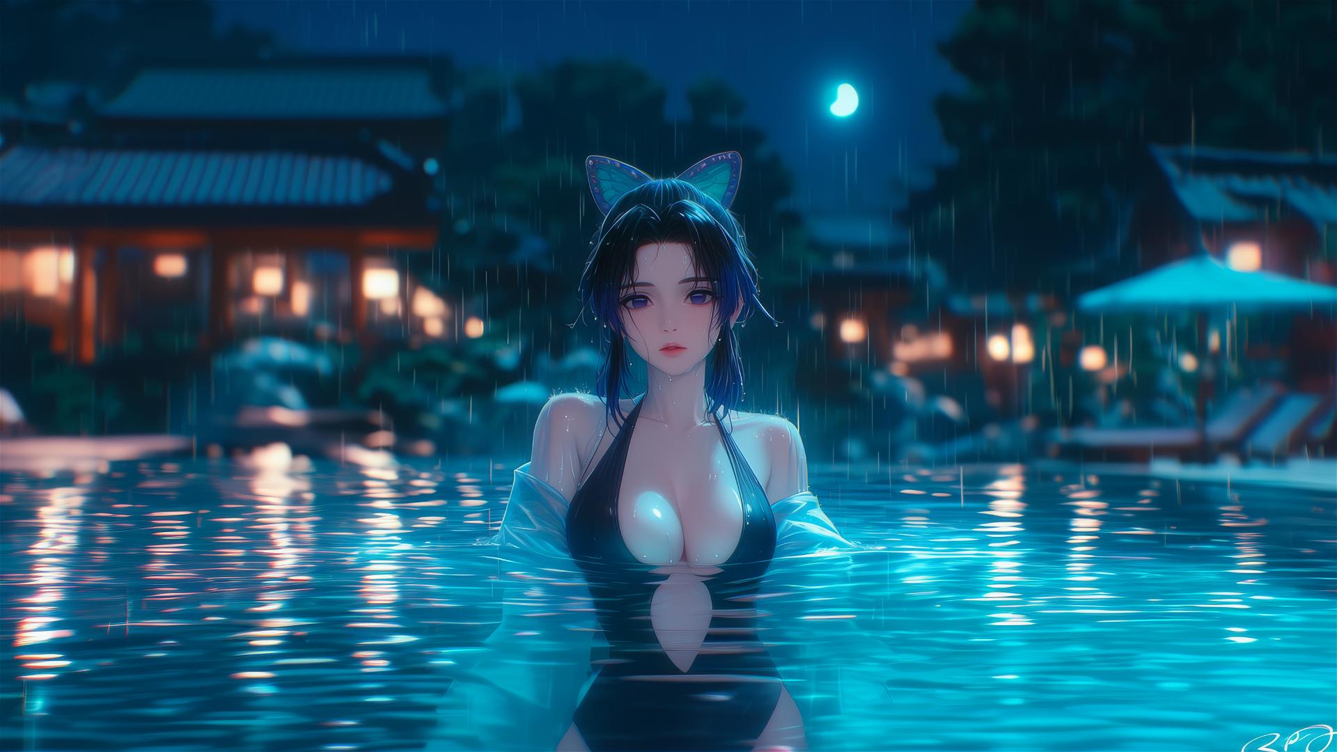 Shinobu Kocho standing in a rainy swimming pool under moonlight