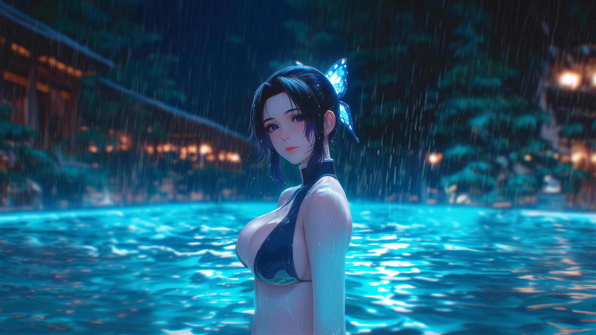 Shinobu Kocho standing in a rainy pool under moonlight