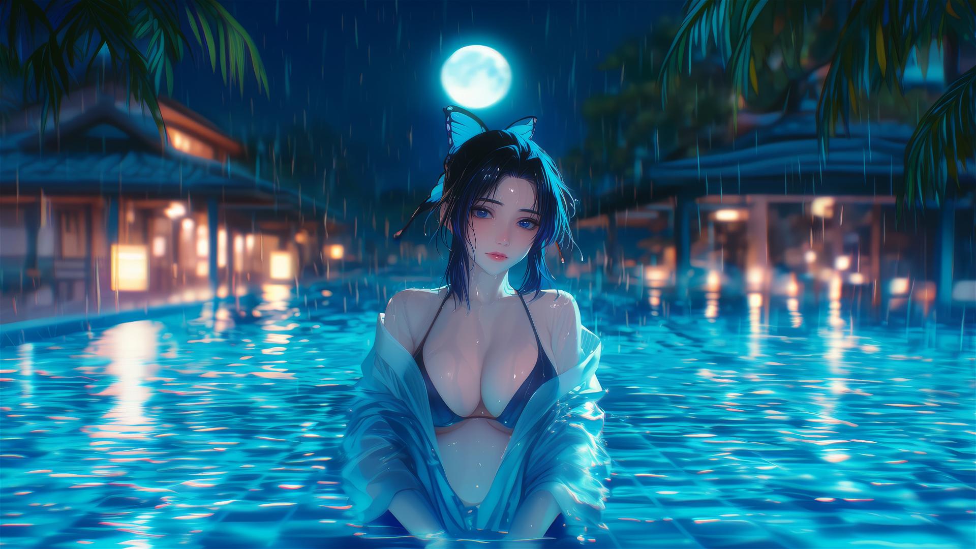 Shinobu Kocho standing in a rainy swimming pool illuminated by moonlight