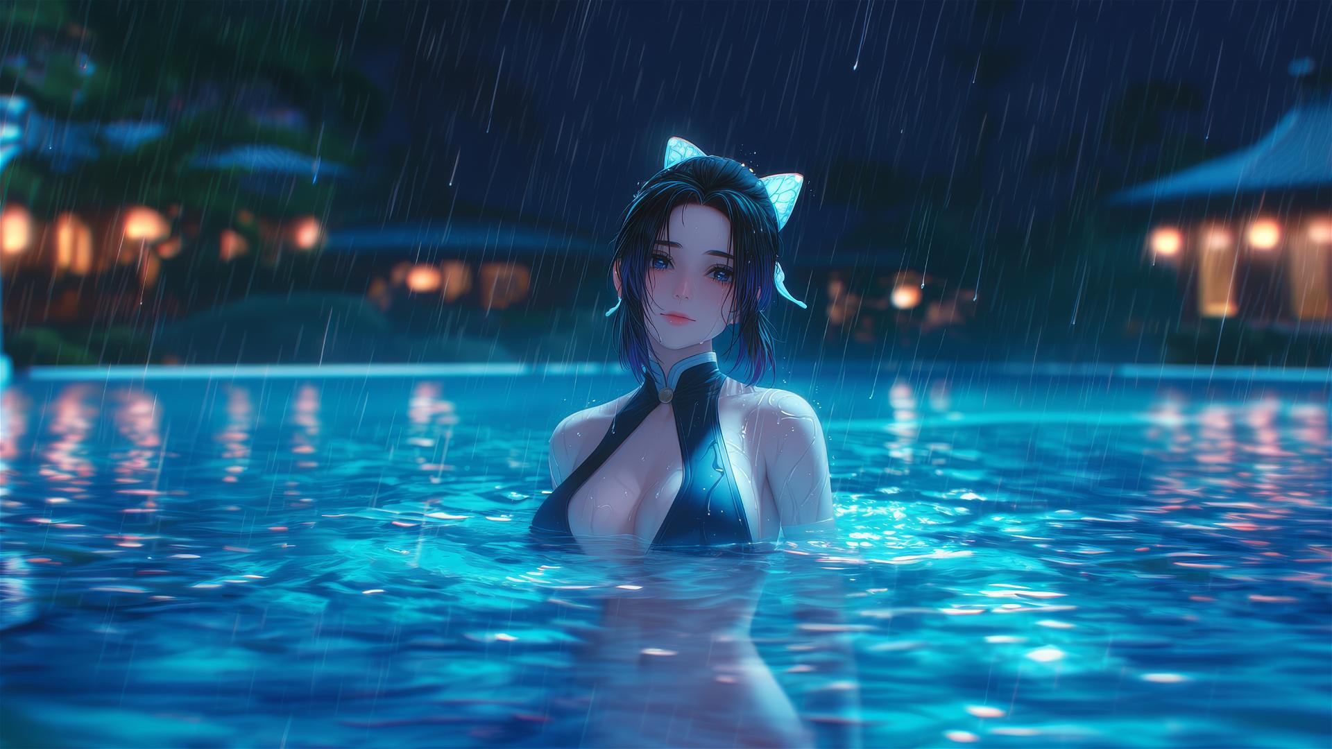 Shinobu Kocho from Demon Slayer in a rainy swimming pool