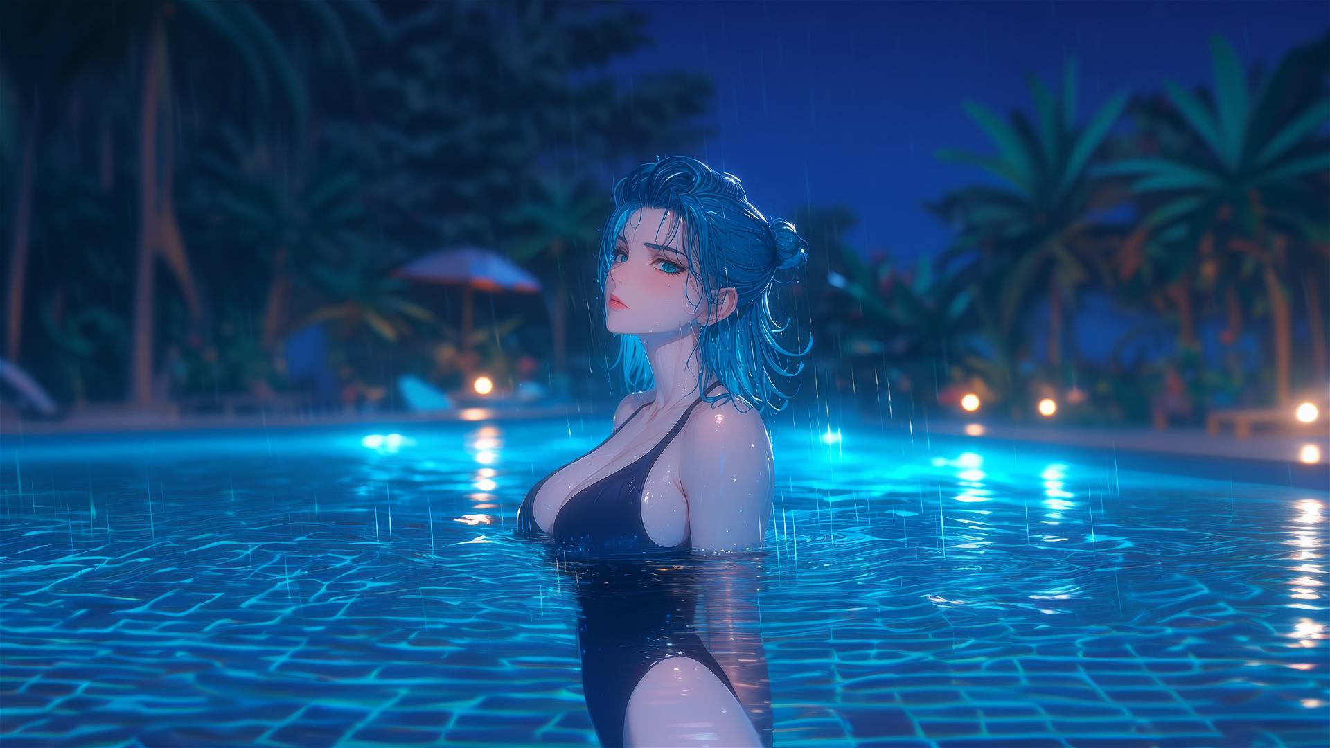 Tatsumaki from One-Punch Man standing in a swimming pool under moonlight in the rain