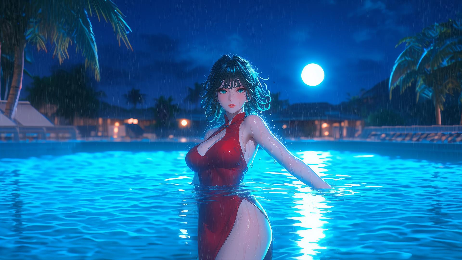 Tatsumaki from One-Punch Man standing in a swimming pool under moonlight in a red dress, rainy.