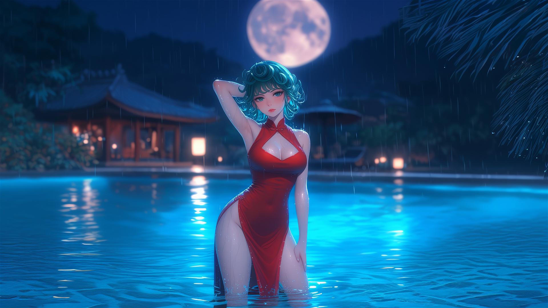 Tatsumaki from One-Punch Man leisurely standing in a swimming pool under moonlight in a red dress