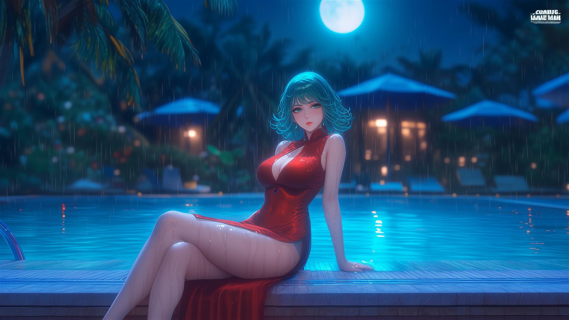 Tatsumaki from One-Punch Man resting by a pool in moonlight, rainy night, red dress.