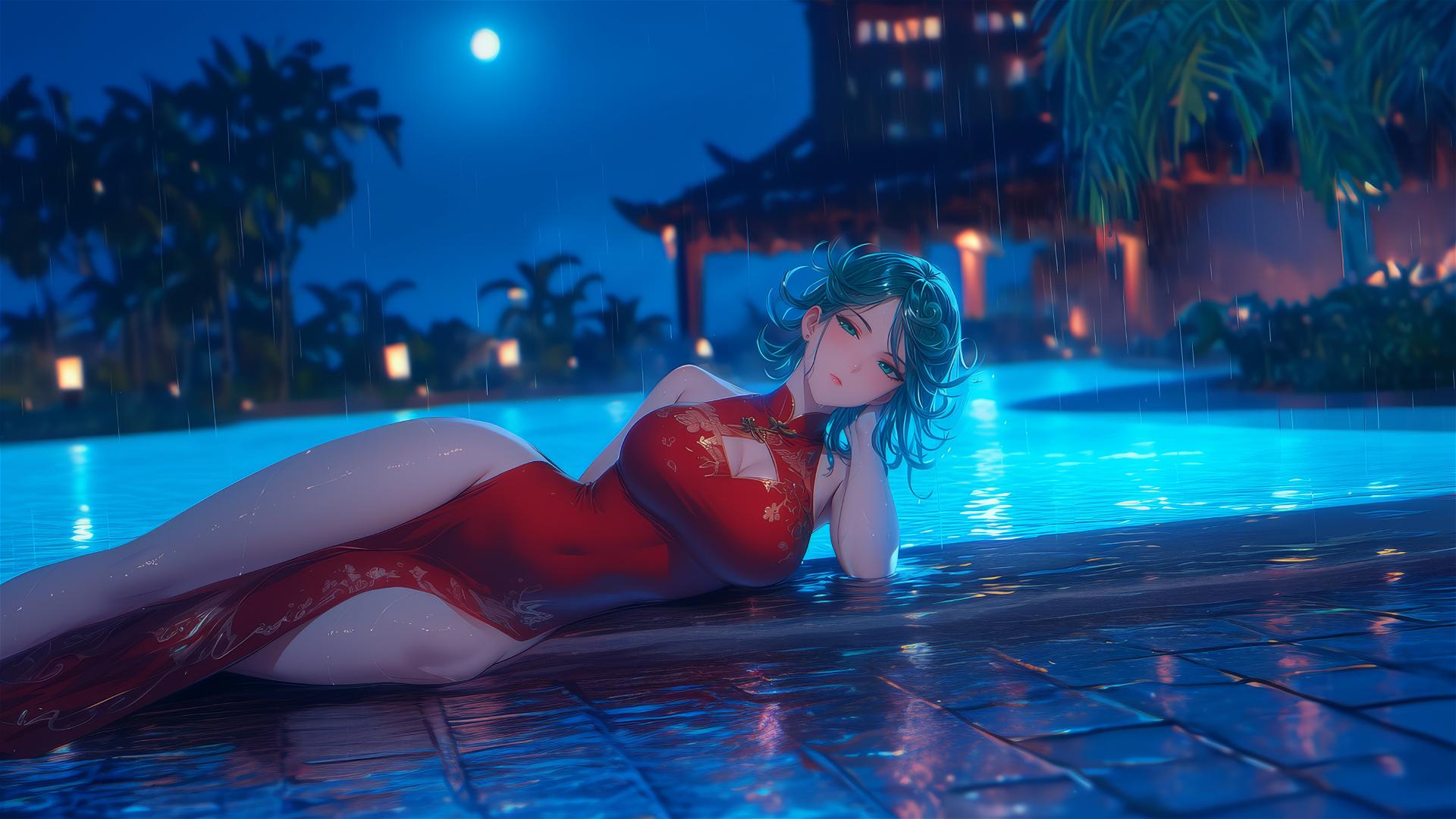 Tatsumaki from One-Punch Man relaxing by a moonlit swimming pool in a red dress, with rain falling.