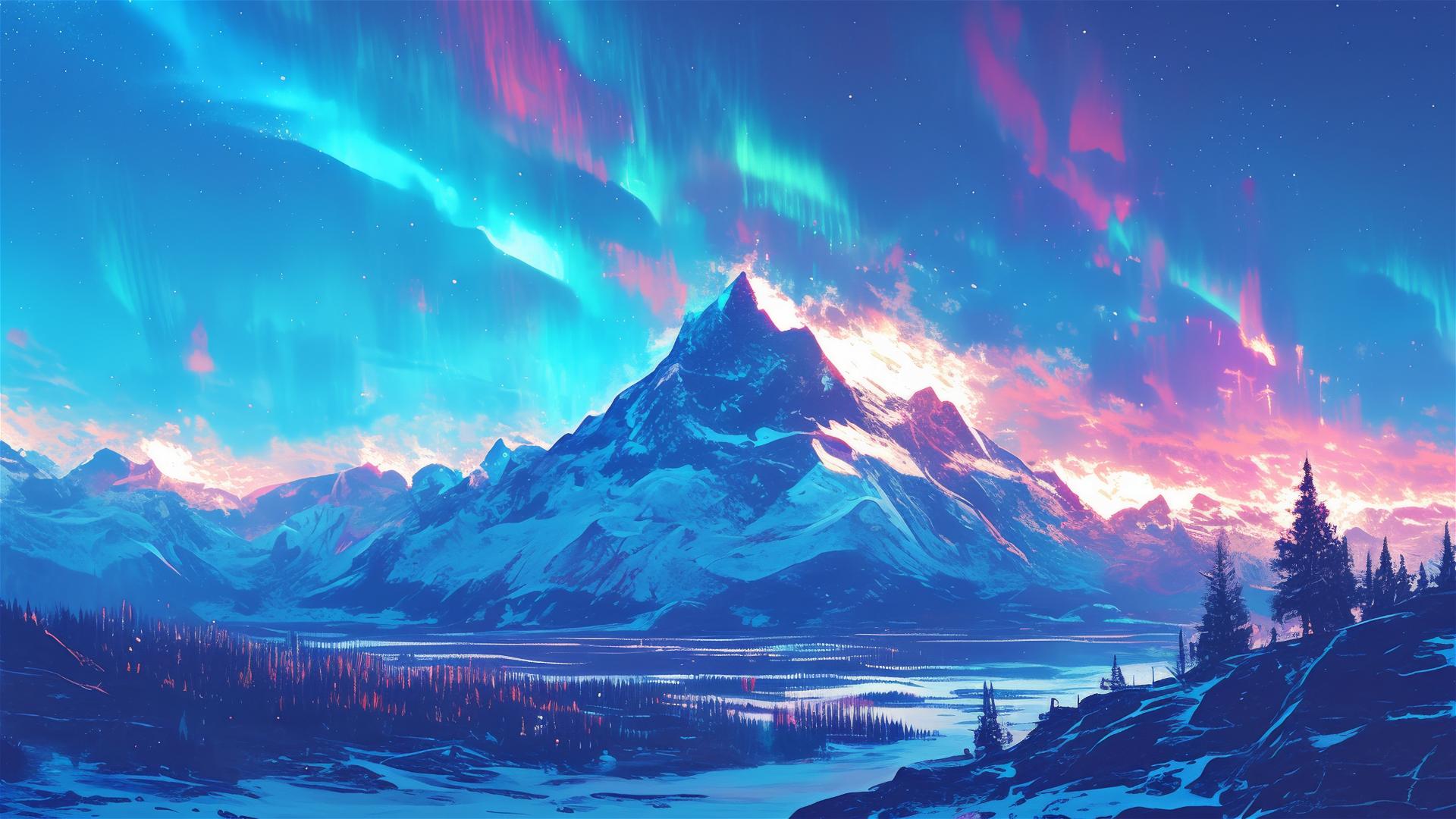 Snowy mountain peak with aurora borealis in the night sky
