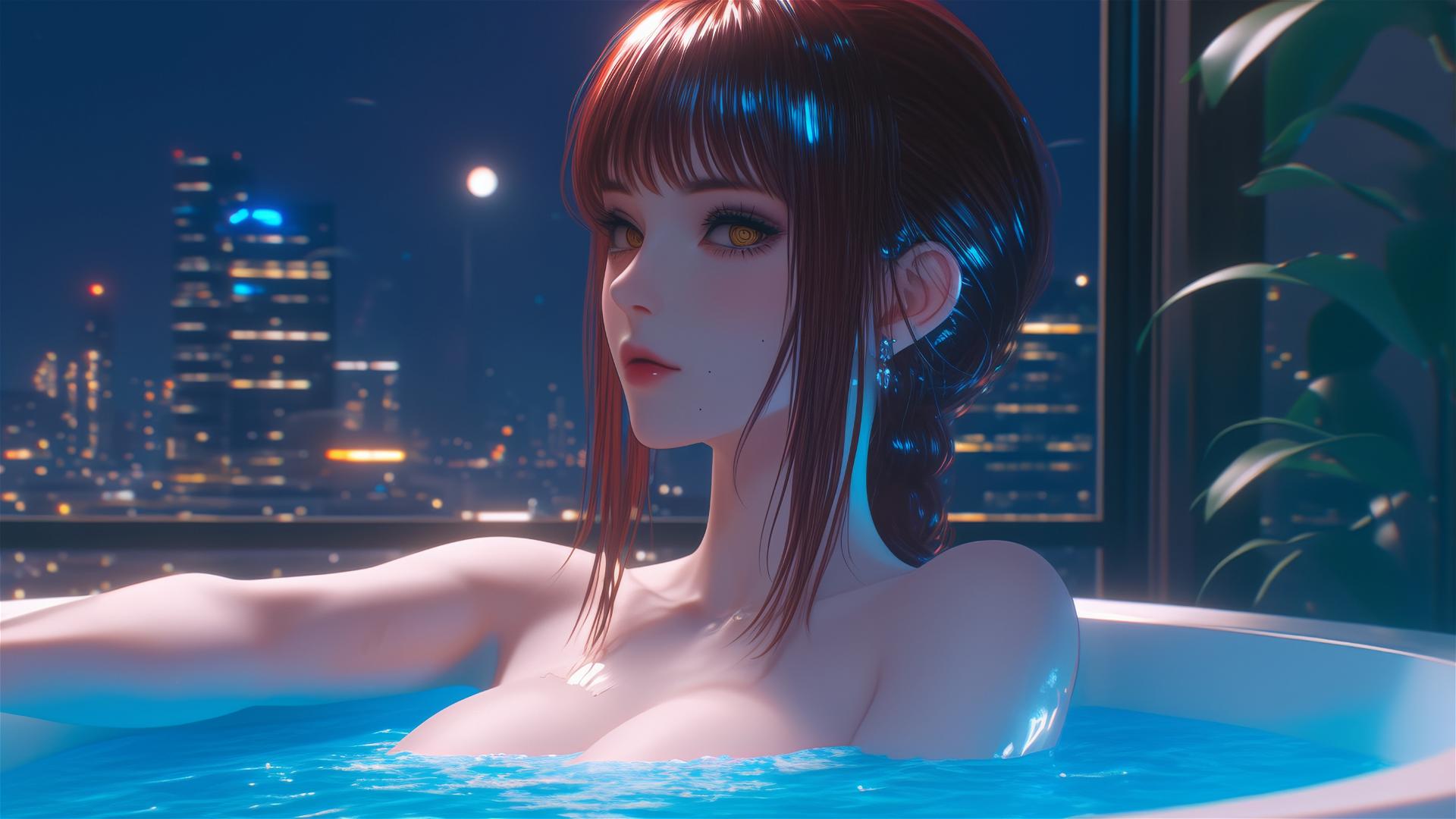 Makima from Chainsaw Man resting in a tub with moonlight glow