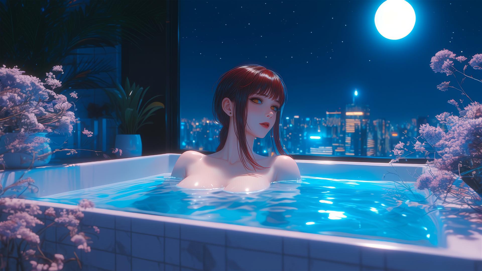 Makima from Chainsaw Man resting in a tub under moonlight