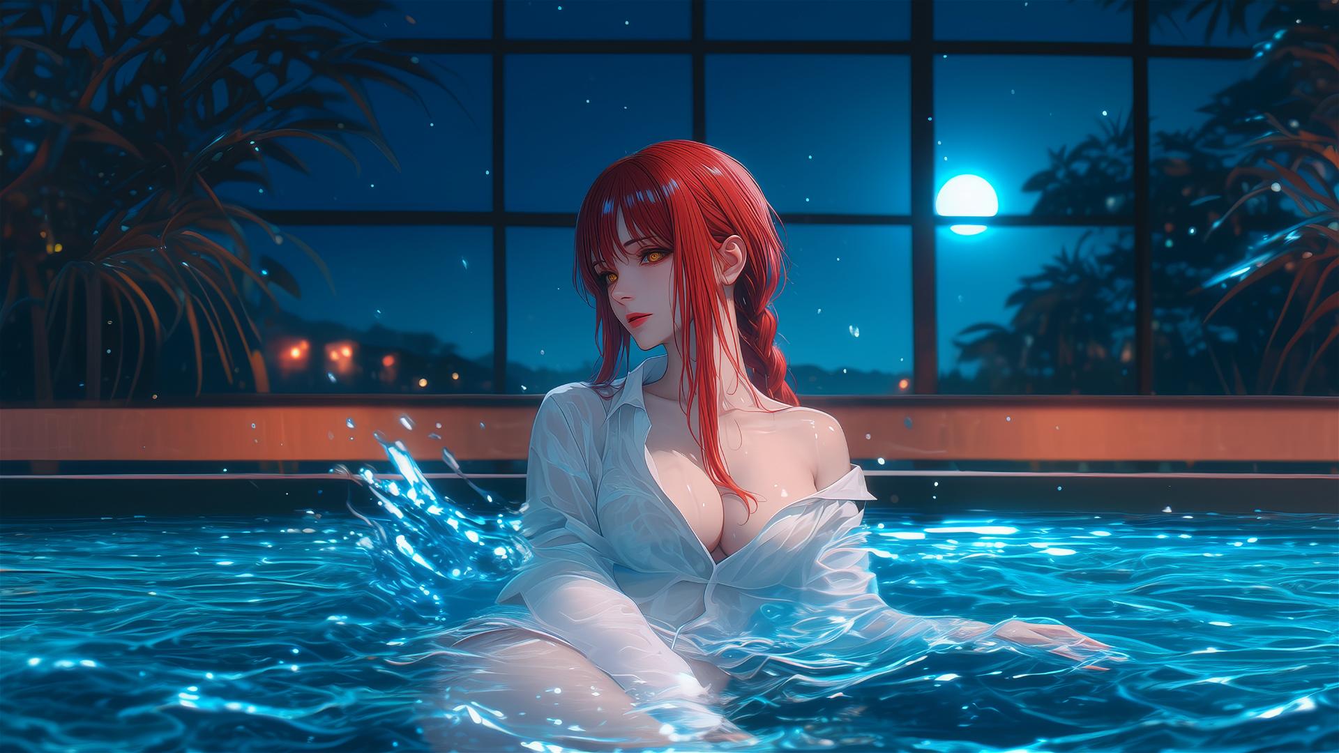 Makima from Chainsaw Man resting in a tub with moonlight glow.