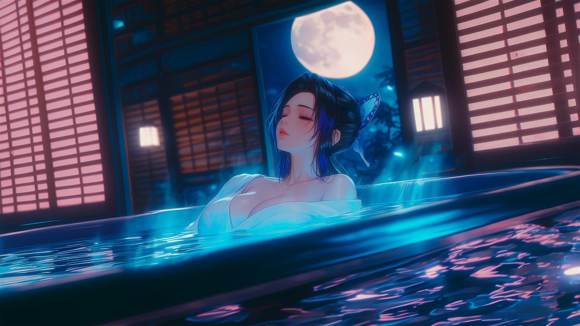 Shinobu Kocho from Demon Slayer resting in a tub under moonlight